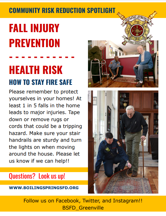 <a href="/BSFD_Greenville/">Boiling Springs Fire District</a> Community, most falls are preventable.
✔️ Clear walkways
✔️ Add nightlights
✔️ Use grab bars &amp; railings
✔️ Wear proper shoes
✔️ Stay active for balance
Small changes can make a big difference.
#FallPrevention #InjuryPrevention #CommunityRiskReduction