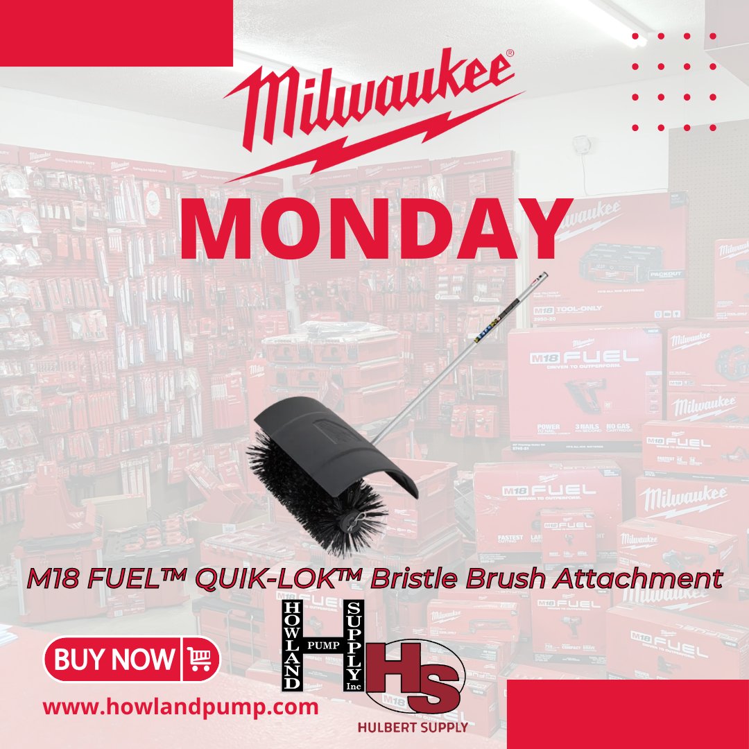 IncHowland's tweet image. When that day comes (and it will… eventually), make sure you’ve got the M18 FUEL™ QUIK-LOK™ Bristle Brush Attachment in your arsenal. This tool will have your jobsite, driveway, or backyard looking spotless in no time.

#MilwaukeeMonday #howlandpump #M18FUEL #quiklok