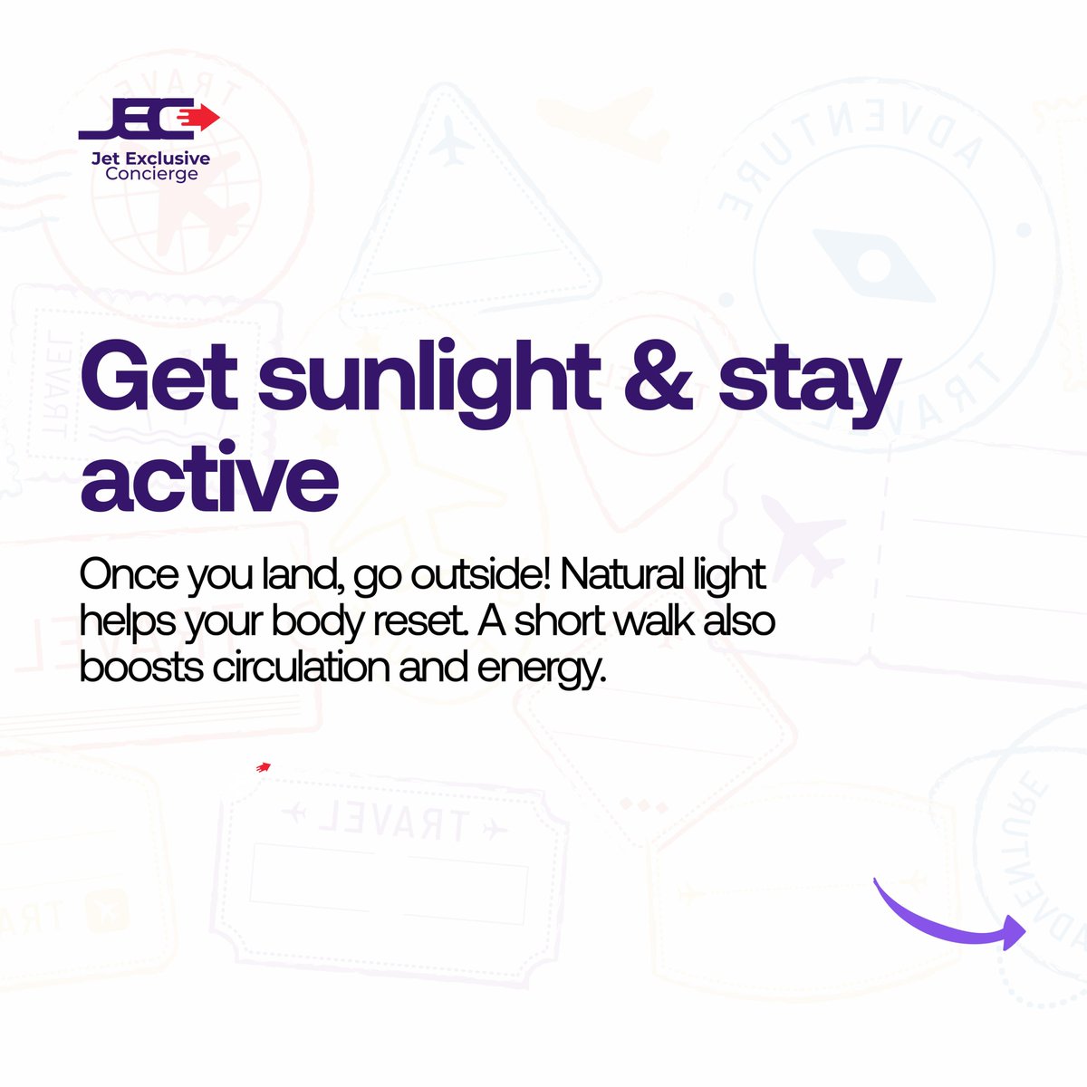 jetexclusiveltd's tweet photo. 3. Get sunlight & stay active
As soon as you land, step outside. Natural light helps you reset, and a light walk boosts your energy and circulation.
#JetLagRecovery #SmartTravel https://t.co/7yHzsteXx8