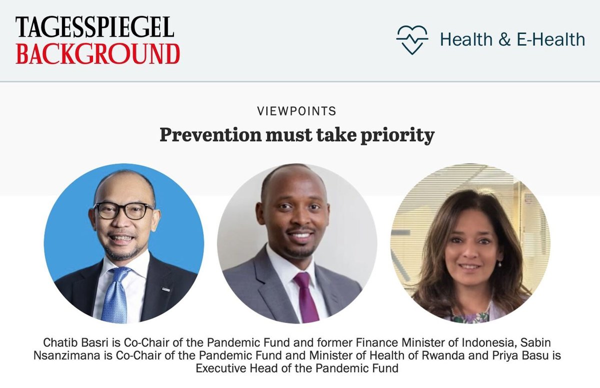 The Pandemic Fund (@pandemic_fund) on Twitter photo In today’s environment of competing priorities and shrinking budgets, investing in pandemic preparedness requires new approaches—ones that are catalytic, better coordinated, and grounded in country leadership.
Read the latest op-ed by <a href="/ChatibBasri/">M. Chatib Basri</a>, <a href="/nsanzimanasabin/">Dr Sabin Nsanzimana</a>, and In today’s environment of competing priorities and shrinking budgets, investing in pandemic preparedness requires new approaches—ones that are catalytic, better coordinated, and grounded in country leadership.
Read the latest op-ed by <a href="/ChatibBasri/">M. Chatib Basri</a>, <a href="/nsanzimanasabin/">Dr Sabin Nsanzimana</a>, and