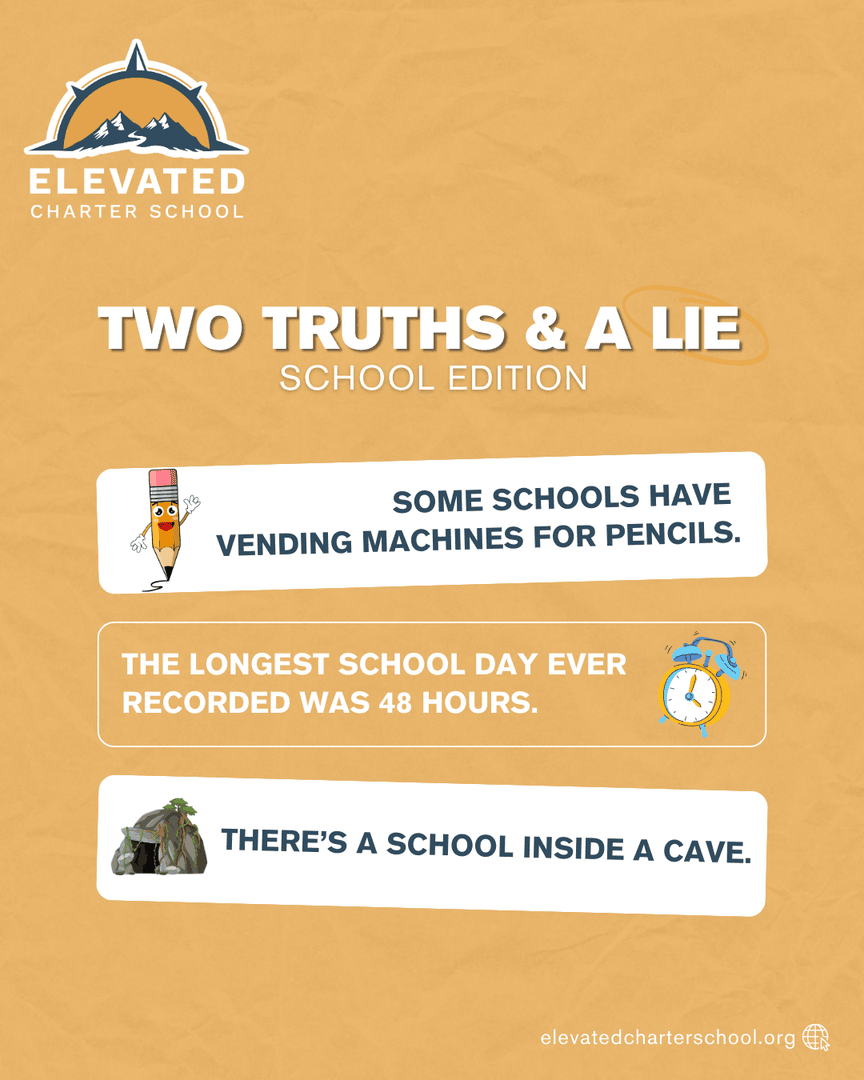 EC_schoolUtah's tweet image. Can you spot the LIE? Drop your guess below! 👀💬

#GuessTheLie #FunWithLearning #ElevatedCharterSchool