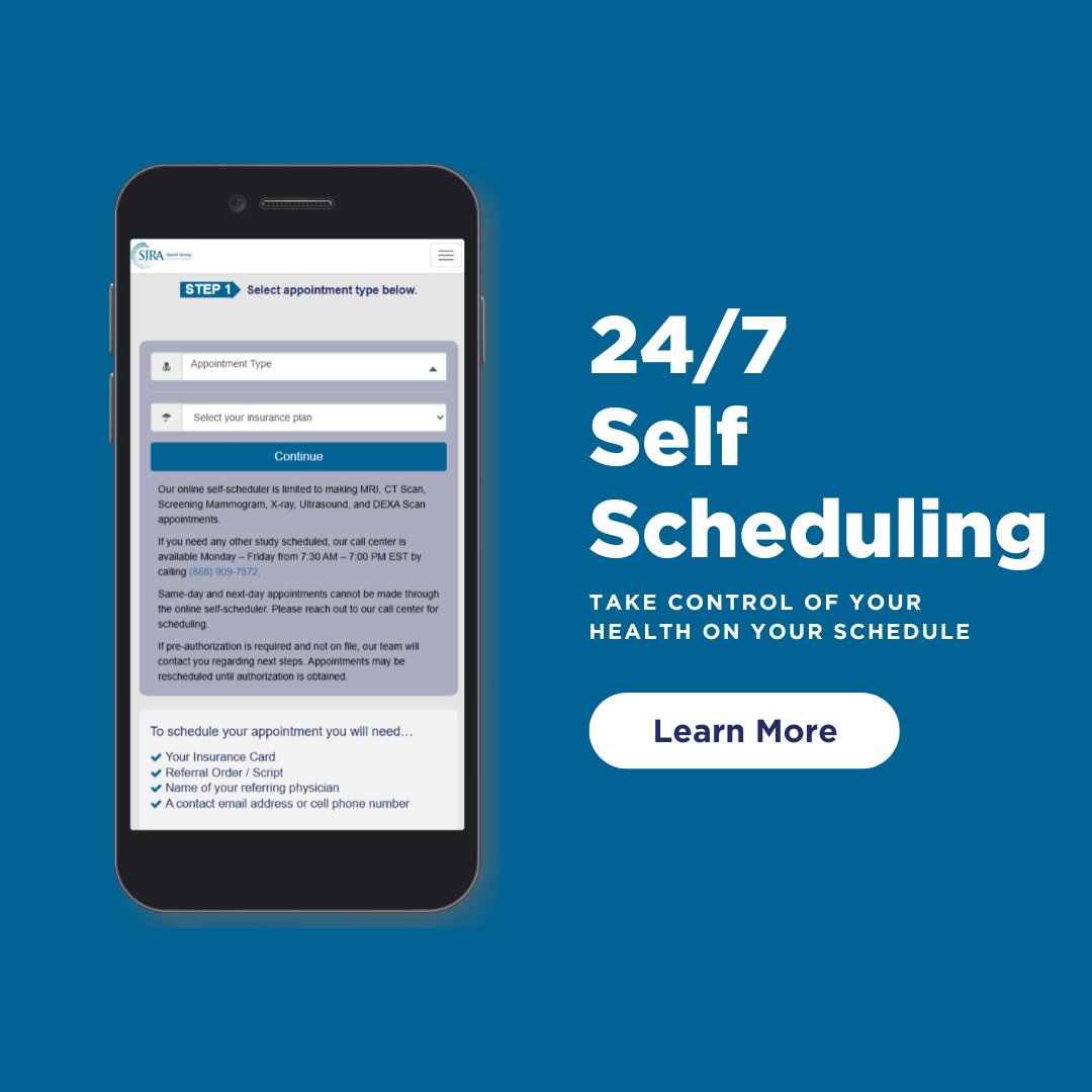 Life doesn't always fit into a 9-to-5 schedule. That's why South Jersey Radiology offers 24/7 online self-scheduling for all 16 locations for imaging appointments.

Take control of your health, on your schedule in just a few clicks! sjra.opendr.com #CommitmentToCare
