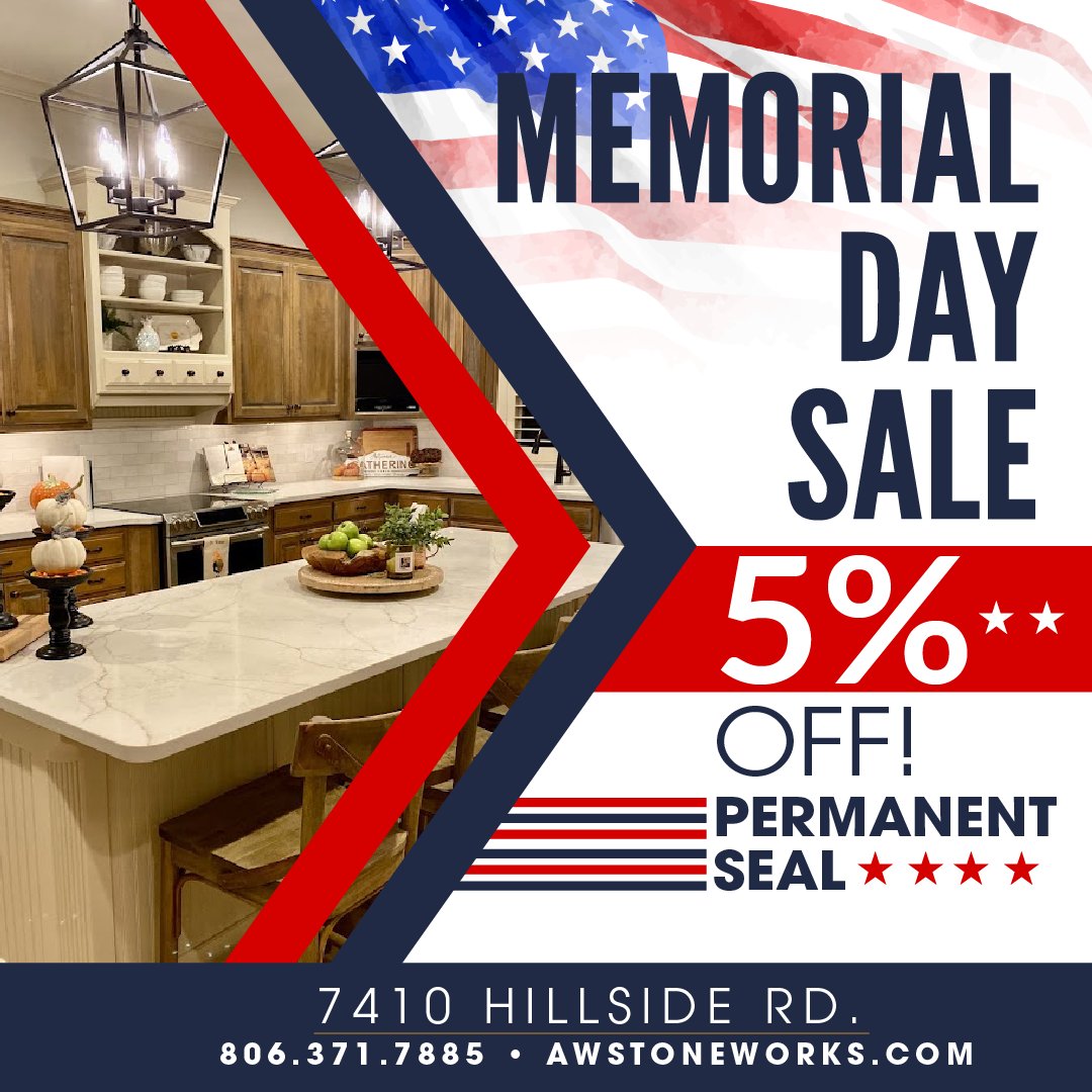 AdobeStoneWorks's tweet image. Celebrate Memorial Day with 5% off our permanent seal! Keep your countertops looking great. Limited time offer! 📍 7410 Hillside Rd 📞 806.371.7885 🌐 bit.ly/AdobeContact #AdobeWallsStoneworks #MemorialDayDeal #CountertopProtection #AmarilloTX #StoneSealing