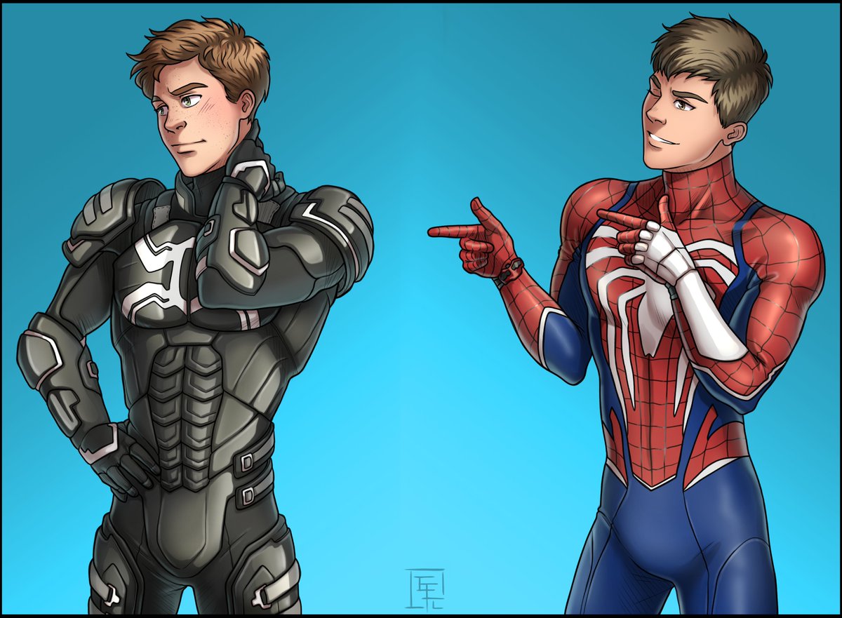 ErithEl's tweet image. Harry and Peter requested by someone who wishes to remain anonymous.
These were such a fun challenge to draw, with the details of the suits!
#donationcommissions #harryobsborn #peterparker #spiderman #fanart
