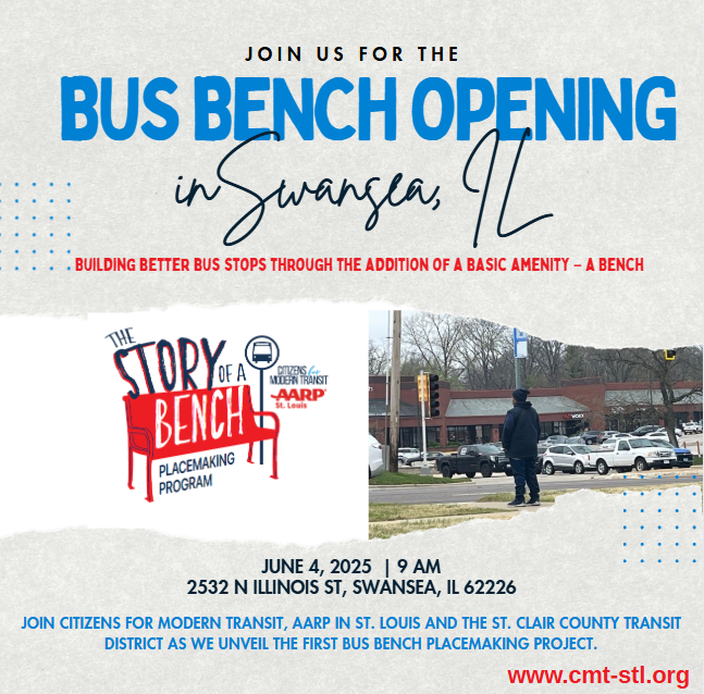 CMT St. Louis (@cmt_stl) on Twitter photo Join CMT, <a href="/aarpSTL/">AARP St. Louis</a>, and <a href="/SCCTransit/">St. Clair County Transit District</a> as we celebrate the first bus bench installations as part of our new "The Story of a Bench" placemaking program: bit.ly/4kcAkN4 Join CMT, <a href="/aarpSTL/">AARP St. Louis</a>, and <a href="/SCCTransit/">St. Clair County Transit District</a> as we celebrate the first bus bench installations as part of our new "The Story of a Bench" placemaking program: bit.ly/4kcAkN4