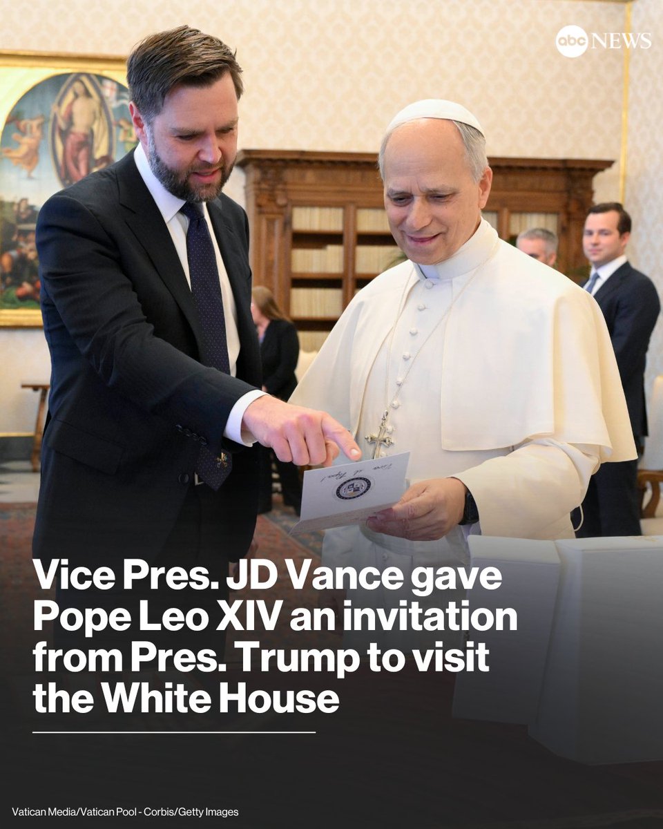 ABC's tweet image. Vice Pres. Vance, while in Rome for Pope Leo XIV's inaugural mass, "passed along a letter to the Pope from the president and from the first lady extending their warm wishes and inviting them to the White House," according to the White House.
Read more: abcnews.link/i6vEfcO