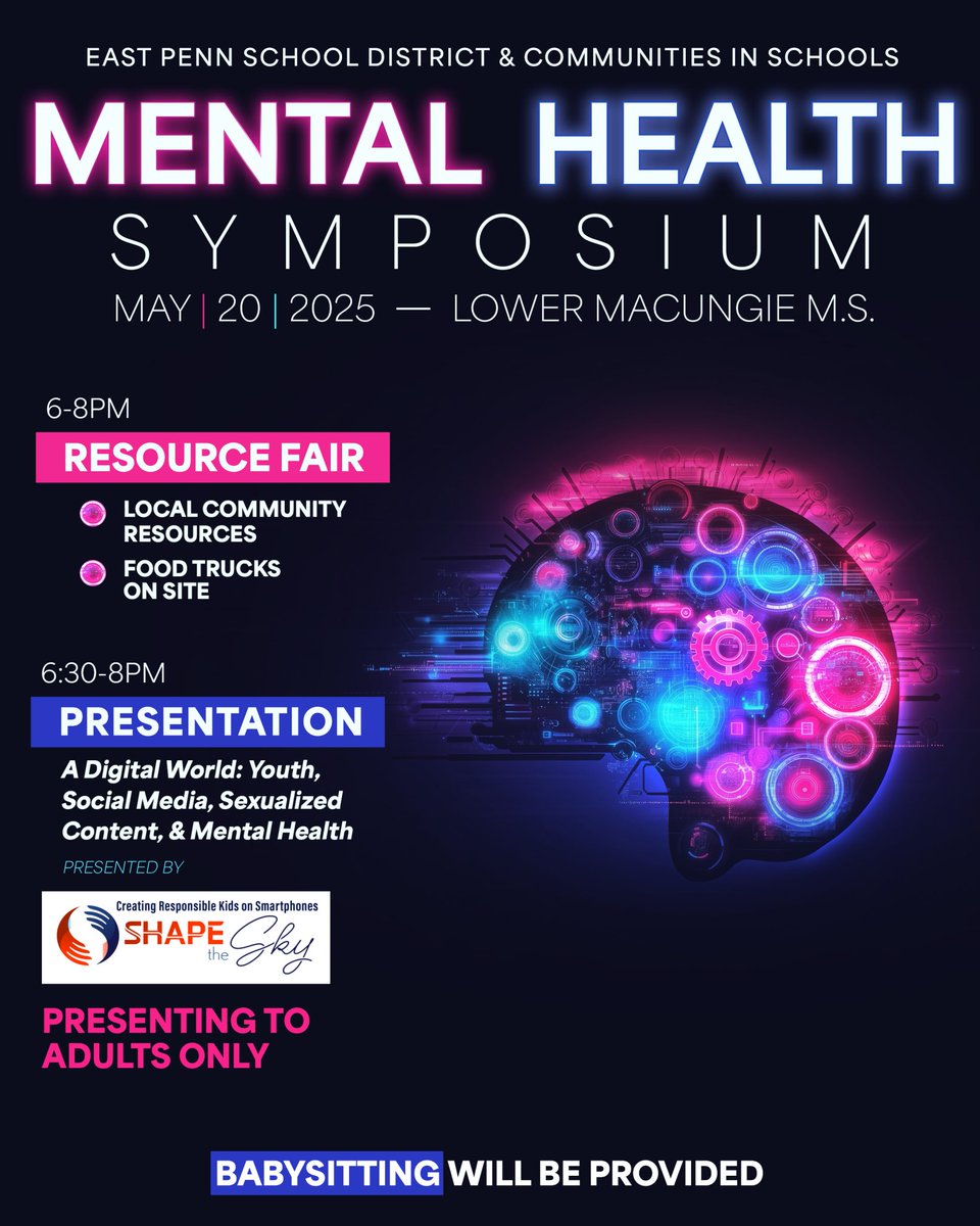 EPSD Mental Health Symposium

Topic: Youth, Mental Health, &amp; Social Media 

Date: 05-20

Time: 6:00 - 8:00pm

Lower Macungie Middle School

– Resource Fair featuring a number of community service and support organizations

– Food trucks  and raffle prizes