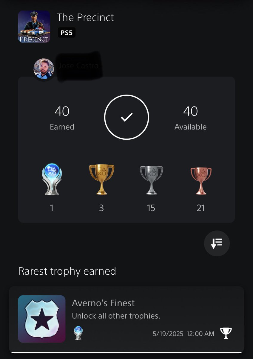 JCastro173's tweet photo. Platinum trophy in the bag 🏆. Great job guys! @theprecinctgame this is one of my favorite games in 2025. Streets are safer 🫡. https://t.co/n7uLdy3tmm