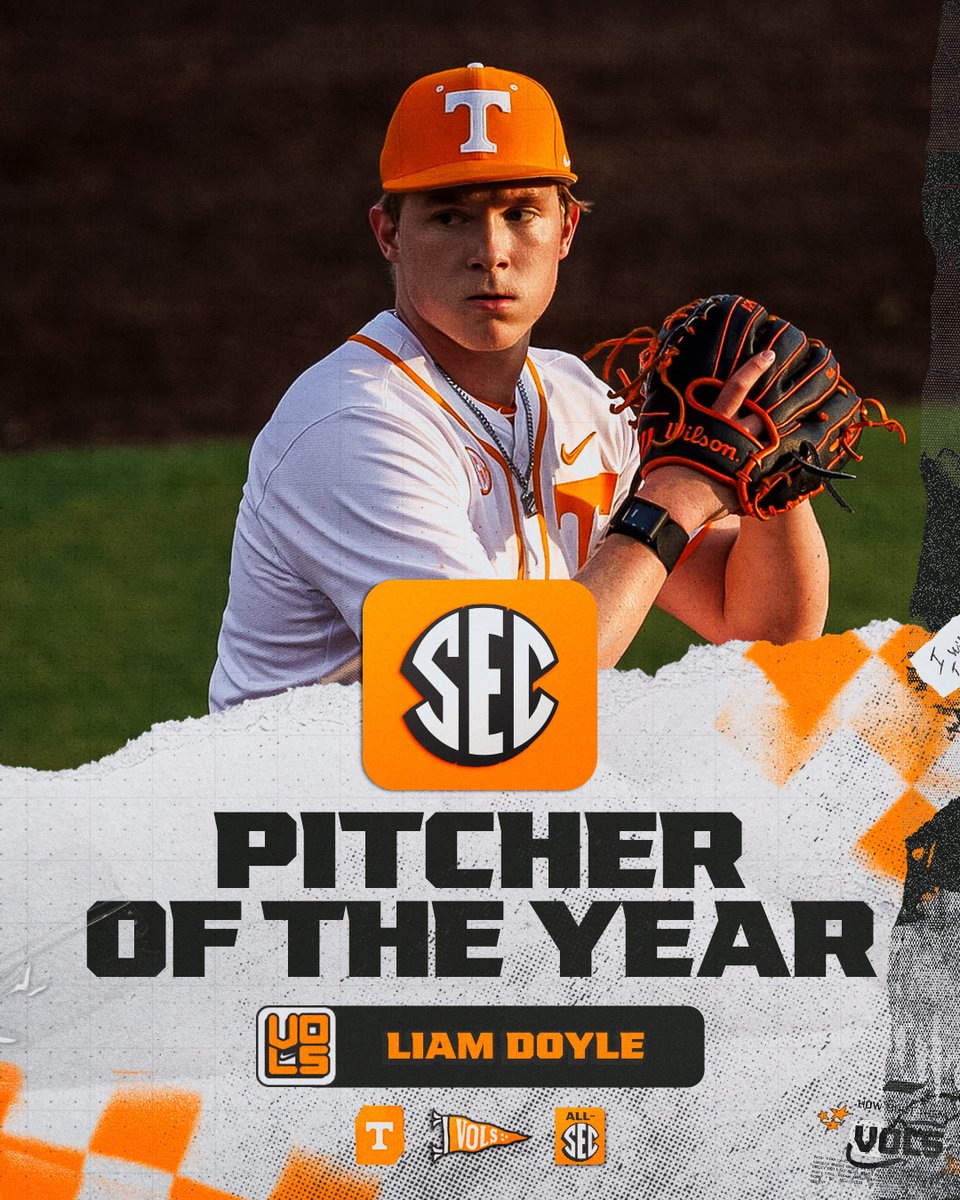 Tennessee Baseball (@vol_baseball) on Twitter photo Liam Doyle Rules!
The NCAA's strikeout leader is your 2025 <a href="/SEC/">Southeastern Conference</a> Pitcher of the Year.
#GBO🍊 Liam Doyle Rules!
The NCAA's strikeout leader is your 2025 <a href="/SEC/">Southeastern Conference</a> Pitcher of the Year.
#GBO🍊