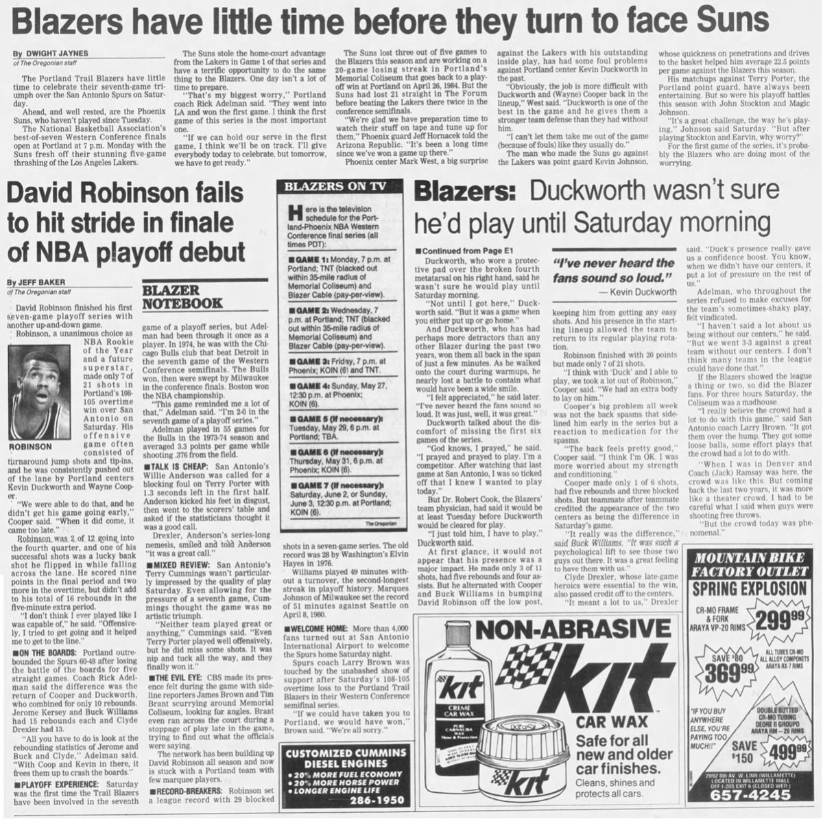 77Blazers's tweet photo. May 19, 1990 - With a nod towards @NBAHistory, the @trailblazers earned their first trip to the #WCF in 13 years, defeating the @spurs in a tense OT Game 7.
When he made his entrance just moments before the 12:30 Saturday afternoon tip-off, the crowd in the #MemorialColiseum rose, ala the crowd in the @TheGarden on May 8, 1970, and #KevinDuckworth put the #Blazers faithful on his back and into the game.
Duckworth, who had been sidelined since he suffered a broken hand in Game 3 vs the @dallasmavs three weeks prior, finished with 6 points, 5 rebounds, and 4 assists but it was his presence in the middle that made the biggest impression.
@terryporter30, who had a crucial steal with :05 seconds in OT, scored 36 points and passed for 9 assists, to lead #Portland. His starting backcourt mate #ClydeDrexler scored 22 points, grabbed 13 rebounds, and passed for 8 assists.
#BuckWilliams and @JeromeKersey25 each gabbed 15 rebounds, marking the first time in Blazers PO history that two players grabbed 15 rebounds in the same game. With Drexler getting 13 more, it marks the eighth time that three teammates gathered 10 or more boards in a PO game.
#RipCity #ThisDateinBlazersHistory #OTD