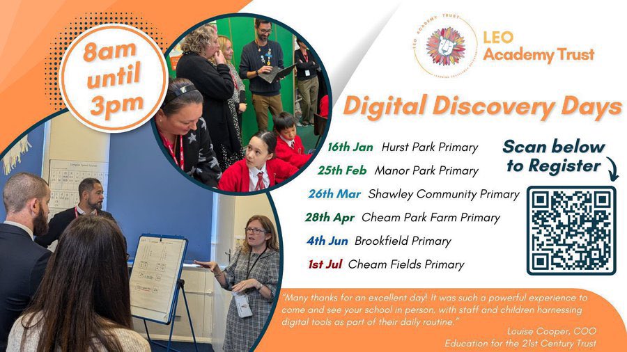 LEO Academy Trust (@leoacademies) on Twitter photo 💻 LEO Digital Discovery Days
Spend an immersive day exploring Teaching & Learning at <a href="/LEOacademies/">LEO Academy Trust</a>.
🗓️ 4 June
🗓️ 1 July
Booking now for our two remaining dates in 2025.
👉 drive.google.com/file/d/1gTM__7…
#PedTech #WeAreLEO <a href="/LEOcomputing/">LEO Technology for Learning</a> 🦁 💻 LEO Digital Discovery Days
Spend an immersive day exploring Teaching & Learning at <a href="/LEOacademies/">LEO Academy Trust</a>.
🗓️ 4 June
🗓️ 1 July
Booking now for our two remaining dates in 2025.
👉 drive.google.com/file/d/1gTM__7…
#PedTech #WeAreLEO <a href="/LEOcomputing/">LEO Technology for Learning</a> 🦁