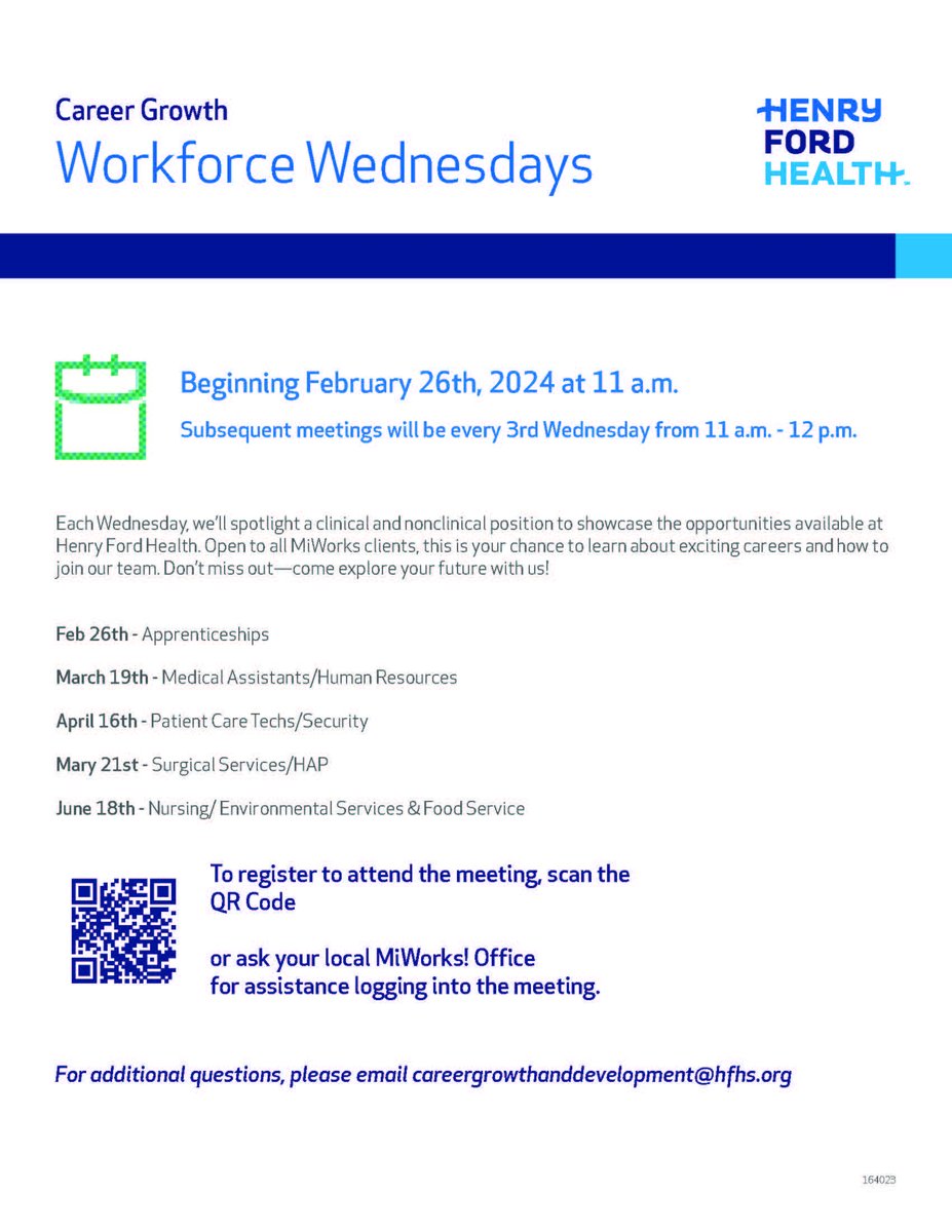 Oakland County Michigan Works! (@oaklandmiworks) on Twitter photo Attention #OaklandCounty, tomorrow <a href="/HenryFordHealth/">Henry Ford Health</a> is hosting Workforce Wednesday. Stop by to discover job openings in surgical services and learn how YOU can join the HFH team. Register for tomorrow's and future events at tinyurl.com/3wej2eka. Attention #OaklandCounty, tomorrow <a href="/HenryFordHealth/">Henry Ford Health</a> is hosting Workforce Wednesday. Stop by to discover job openings in surgical services and learn how YOU can join the HFH team. Register for tomorrow's and future events at tinyurl.com/3wej2eka.