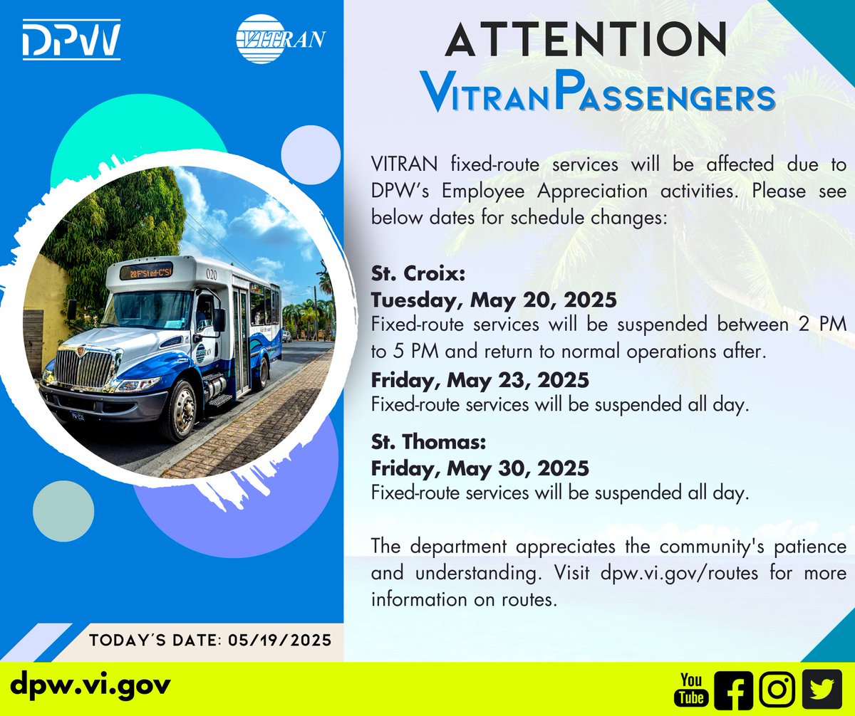 VITRAN fixed-route services will be affected due to DPW’s Employee Appreciation activities. Please see below dates for schedule changes: