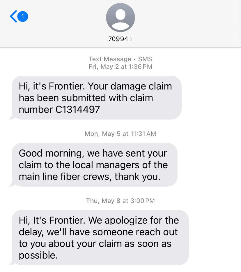 trydel1's tweet photo. @FrontierCorp @AskFrontier Your claims department is horrible! 

I originally put in ticket 1688623 on April 20th then was told on May 2nd I needed to submit a Property damage claim (C1314497) and have yet to have this issue resolved.  

It’s almost a month and no resolution. https://t.co/FjHMt60oL4