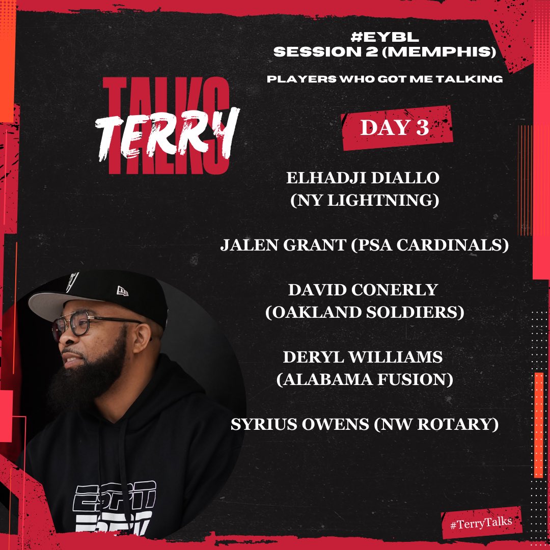 Terry Drake (@tdrakebasktball) on Twitter photo 🚨 #TerryTalks 🚨
These players got me talking about their DAY 3 performance at #EYBL Session 2 in Memphis...
#NikeBaskeball #ESPN #PaulBiancardi #SCNext <a href="/NikeEYB/">EliteYouthBasketball</a> <a href="/PaulBiancardi/">Paul Biancardi</a> <a href="/SCNext/">SportsCenter NEXT</a> <a href="/TheUCReport/">Billy Tucker</a> <a href="/nikebasketball/">Nike Basketball</a> <a href="/AlabamaFusion/">Alabama Fusion</a> <a href="/PSACardinals/">ProScholarsAthletics</a> <a href="/BradBealElite/">Bradley Beal Elite</a> <a href="/Soldiers_Salute/">Oakland Soldiers</a> 🚨 #TerryTalks 🚨
These players got me talking about their DAY 3 performance at #EYBL Session 2 in Memphis...
#NikeBaskeball #ESPN #PaulBiancardi #SCNext <a href="/NikeEYB/">EliteYouthBasketball</a> <a href="/PaulBiancardi/">Paul Biancardi</a> <a href="/SCNext/">SportsCenter NEXT</a> <a href="/TheUCReport/">Billy Tucker</a> <a href="/nikebasketball/">Nike Basketball</a> <a href="/AlabamaFusion/">Alabama Fusion</a> <a href="/PSACardinals/">ProScholarsAthletics</a> <a href="/BradBealElite/">Bradley Beal Elite</a> <a href="/Soldiers_Salute/">Oakland Soldiers</a>