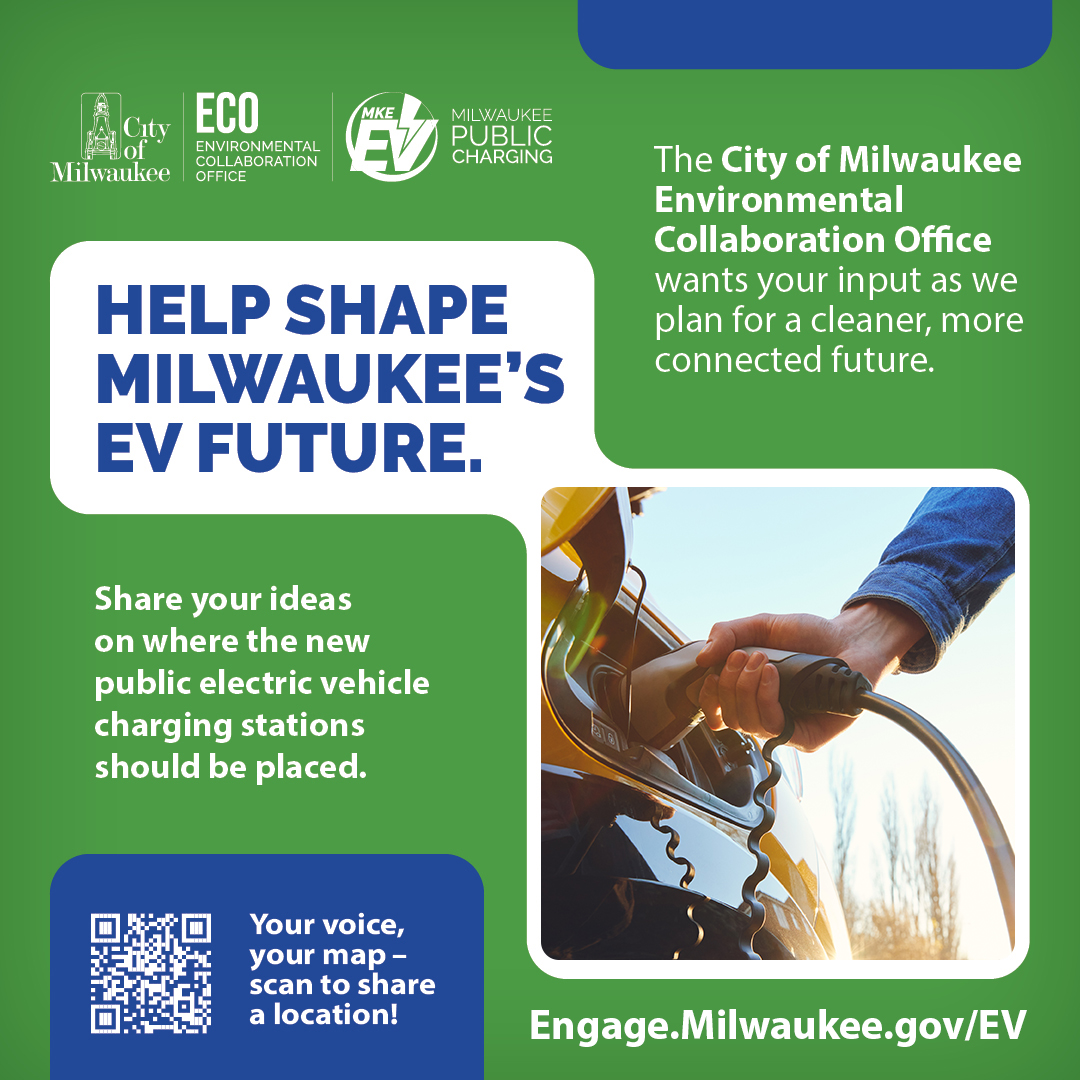 The City of Milwaukee Environmental Collaboration Office wants your input as we plan for a cleaner, more connected future. Share your ideas on where the new public electric vehicle charging stations should be placed.🔌🚗Help shape Milwaukee's EV future at engage.milwaukee.gov/EV.
