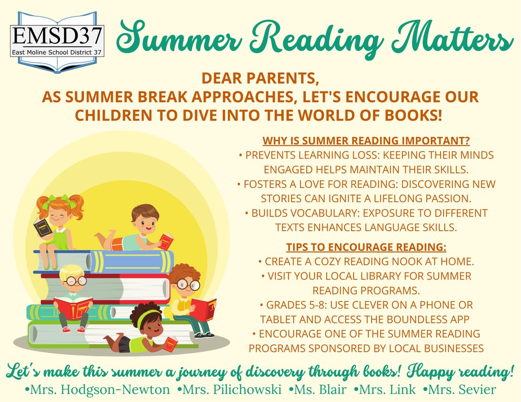 Local summer reading programs:

Summer Reading Kick-off at the EM Public Library → eastmoline.librarycalendar.com/event/summer-r…

Summer Reading Freebies → 5il.co/3gibs 

#SummerReading #ReadToSucceed #EncourageLiteracy