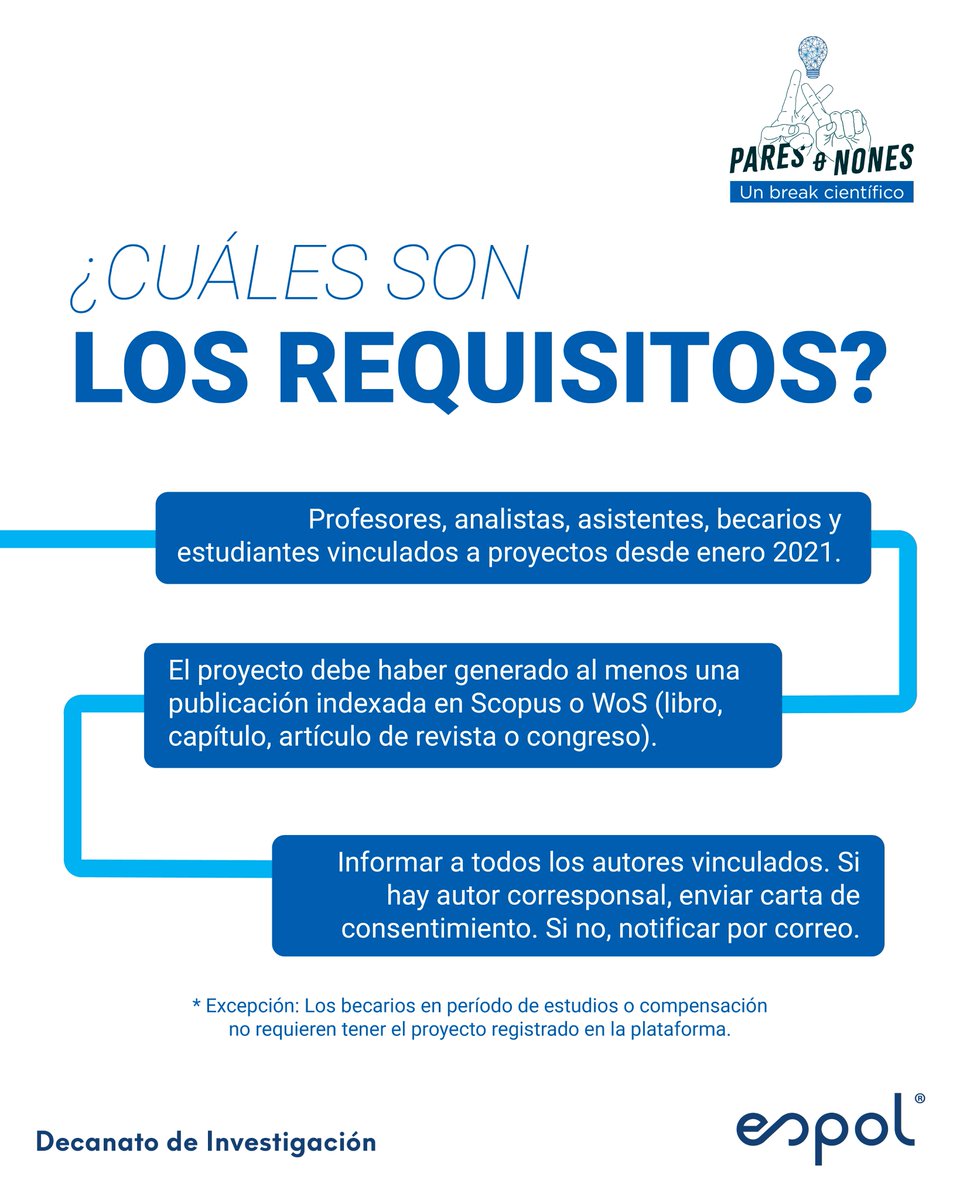 🚨 ¡Últimos días para postular! Toda investigación merece ser vista.
Participa en #ParesoNones 2025 y comparte tu trabajo con la comunidad científica.

📅 Postula hasta el 25 de mayo.
Ingresa a: espol.edu.ec/es/investigaci… y asegura tu participación.
#BreakCientífico #ESPOLesCiencia
