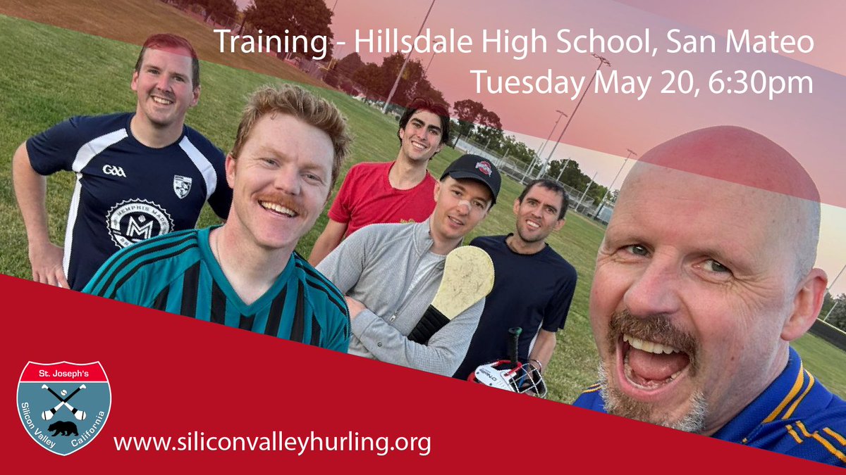 #Hurling training continues at Hillsdale High School, San Mateo, on Tuesday May 20 at 6:30pm. All welcome