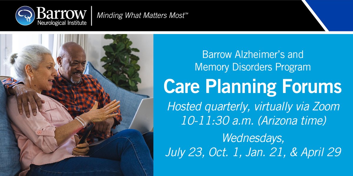 BarrowNeuro's tweet photo. Our #Alzheimers &amp; #MemoryDisorders Program is hosting free virtual #CarePlanning Forums. Join us to learn how to navigate practical challenges associated with a memory disorder diagnosis. Wednesdays: 7/23/25, 10/1/25, 1/21/26, 4/29/26. Register: https://t.co/R58kZfbbSD. https://t.co/LKnorL9dK1