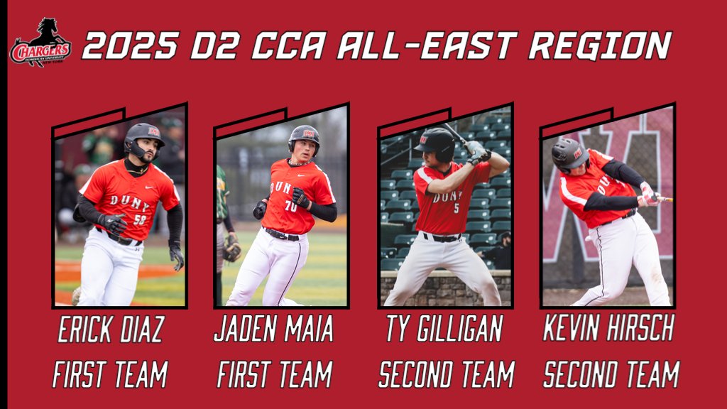 CONGRATULATSIONS to baseball players Erick Diaz, Jaden Maia, Ty Gilligan, and Kevin Hirsch on being named to the 2025 D2 CCA All-Region teams!