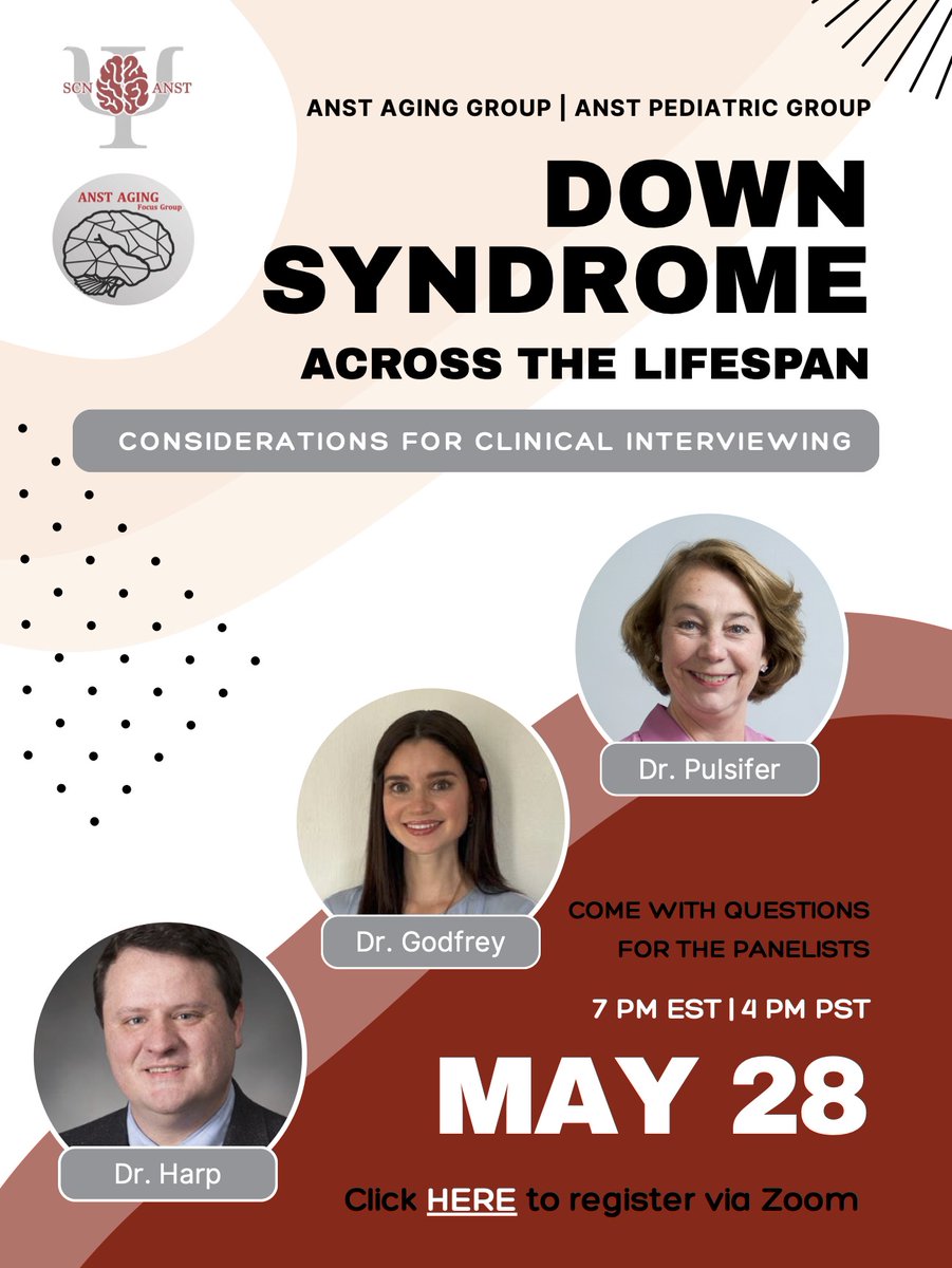 AnstPeds's tweet image. Happy Monday!
We are excited to announce our next event co-hosted with the @ANSTAgingGroup next Wednesday, May 28th.
Our panel includes the incredible Drs. Godfrey, Pulsifer, and Harp! Check out their bios in the attached flyer.
Register here: mcw-edu.zoom.us/meeting/regist…
