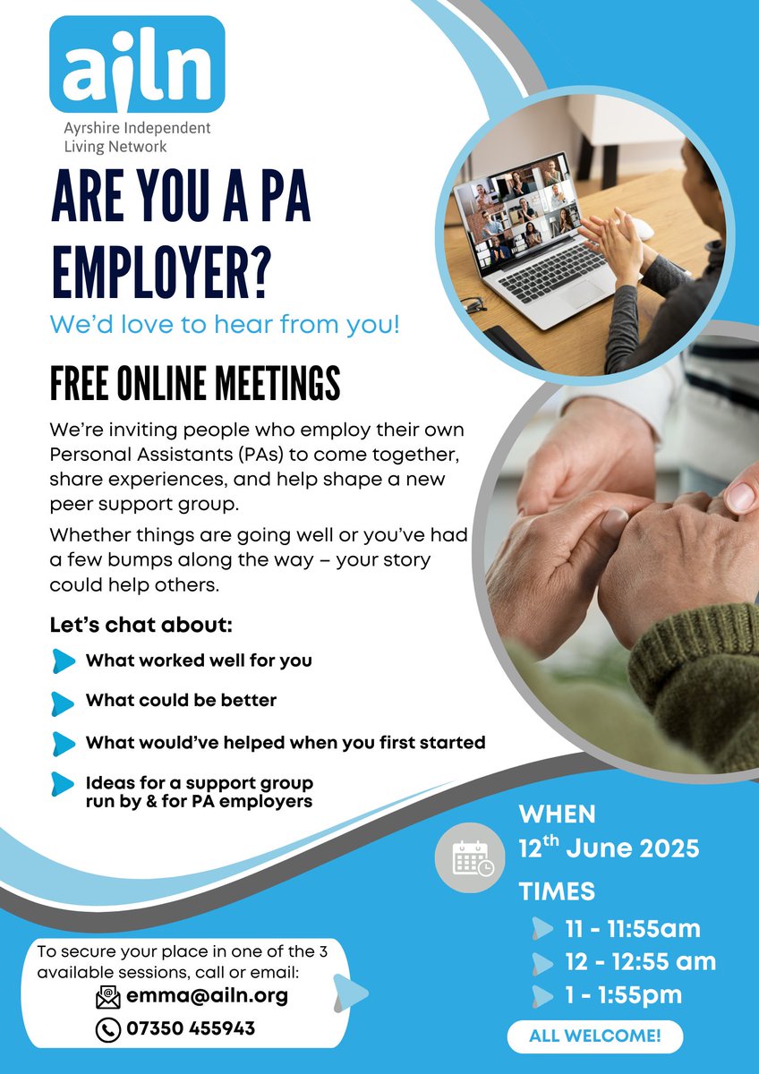 Are you a Personal Assistant (PA) employer? Join a free Zoom chat on 12th June 🧑‍💻

Share what’s worked for you, what’s been tricky, &amp; help shape a peer support group!

📅 3 times to choose from
 📧 emma@ailn.org | 📞 07350 455943
#SDS #PAEmployer #DisabilitySupport #PeerSupport