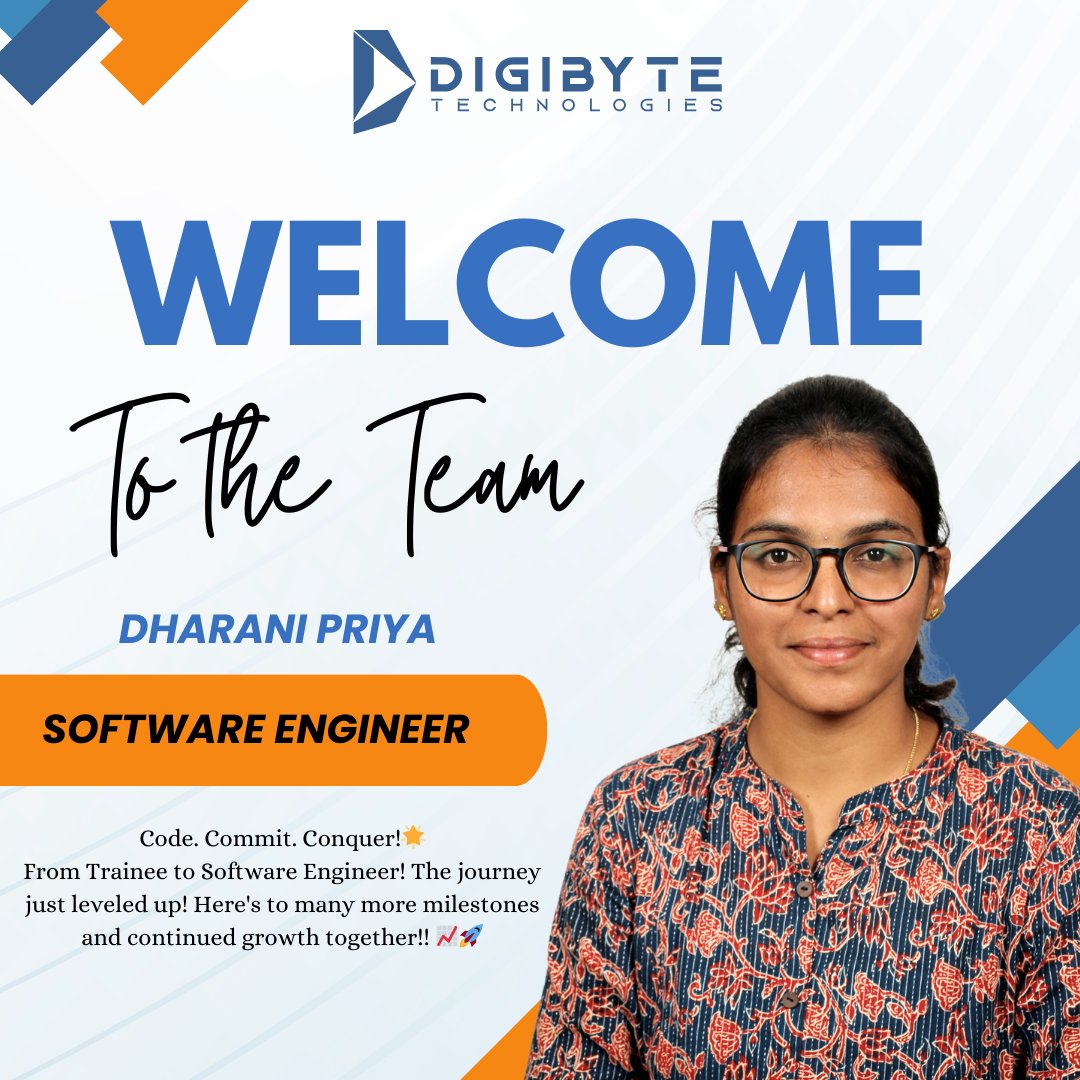Digibyte_tech's tweet photo. Career Milestone Unlocked! 🌟
Congrats to Dharani Priya T on leveling up from Trainee to Software Engineer at DigiByte Technologies! 🚀
Your hard work & passion paid off — here’s to more success ahead! 👏💼
#DigiByteTechnologies #CareerGrowth #FromTraineeToDeveloper #DigiTribe https://t.co/mD7fR0wtlU
