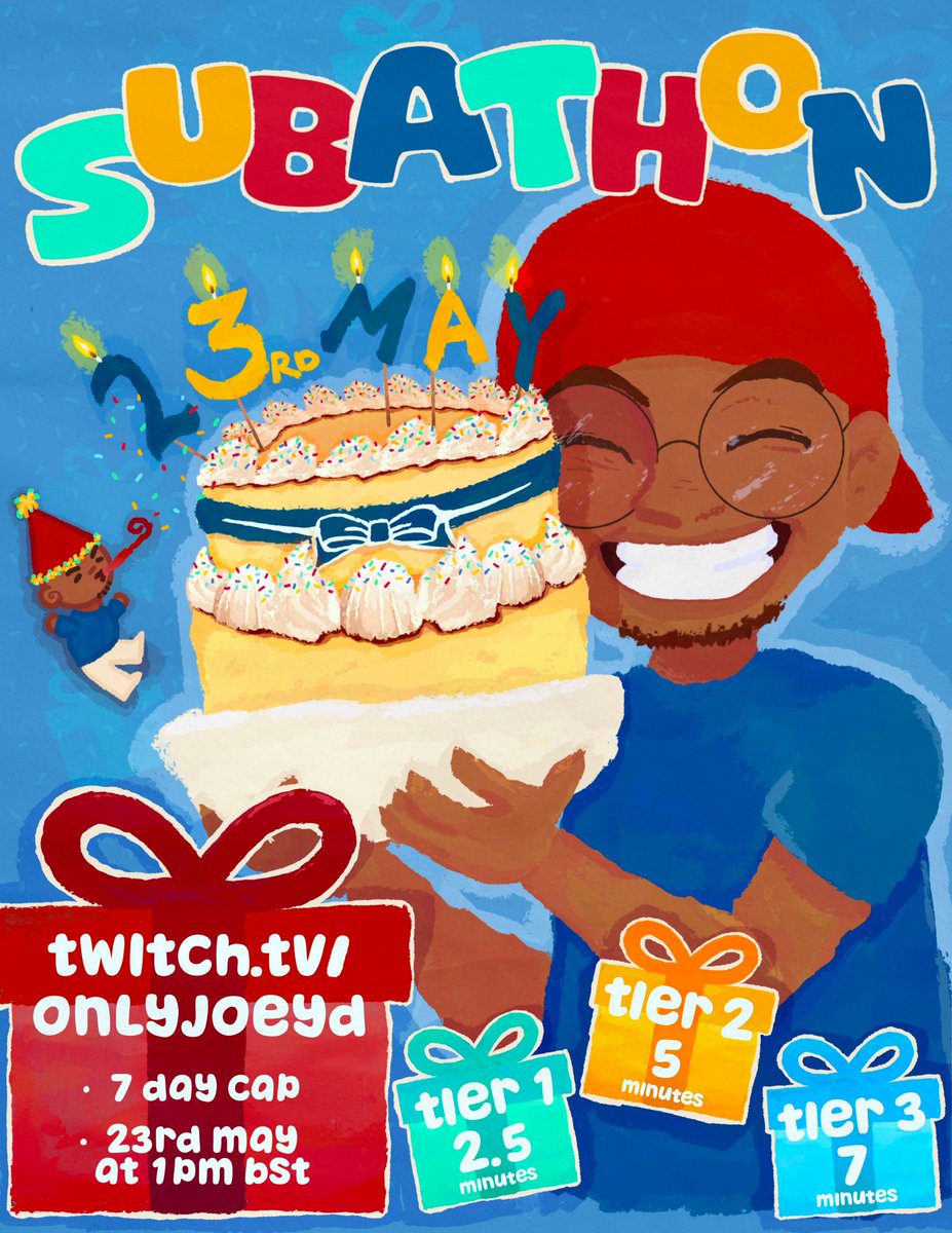 OnlyJoeyD's tweet image. Birthday SUBATHON!? 🥳
Friday the 23rd of May - 1PM BST!

Only amazing peoples are invited, so here&apos;s YOUR invitation 🎉

Would be lovely to have you there 💙🌴