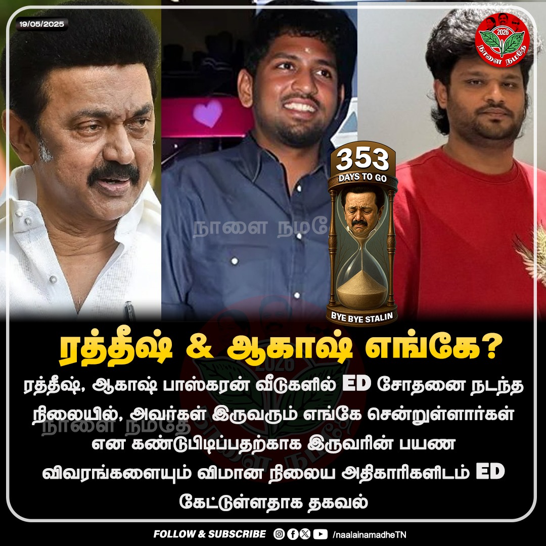 NaalaiNamadheTN's tweet photo. ரத்தீஷ் & ஆகாஷ் எங்கே ?
#Rathish #AakashBaskaran #EDRaid #StalinFails #UdhayanidhiStalin #TasmacMoneyLaunderingCase #EnforcementDirectorate #NaalaiNamadhe #NaalaiNamadheTN https://t.co/9T2syRvBrc