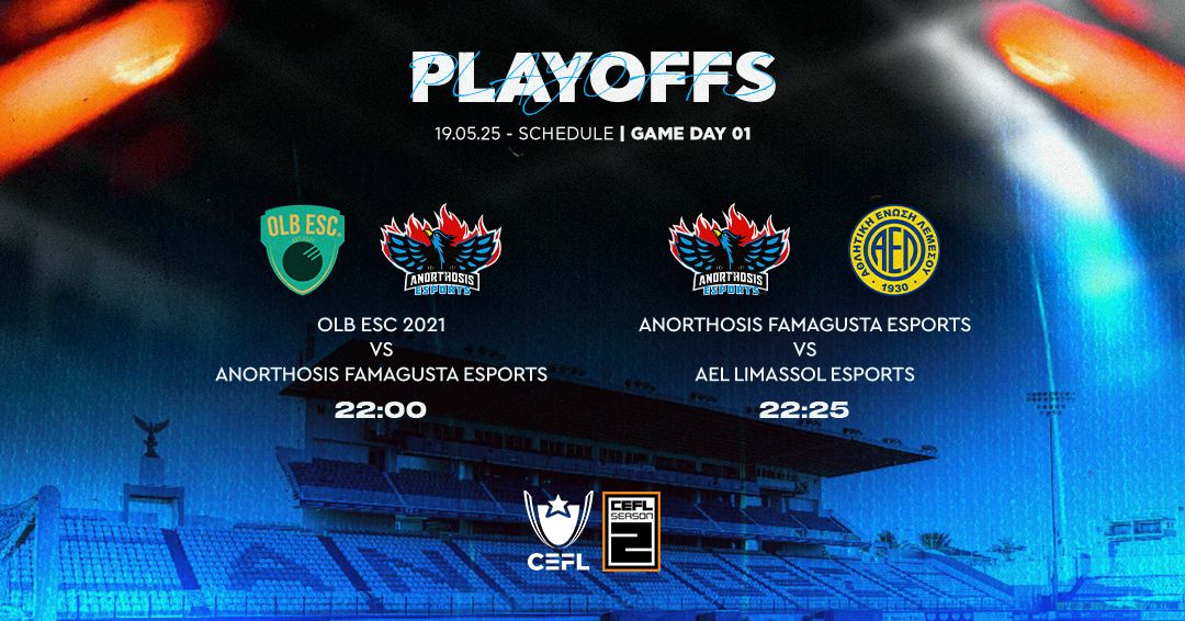 🔥GAMEDAY 01 - PLAYOFFS

⚔️OLB ESC 2021
⏰22:00
⚔️AEL Limassol eSports
⏰22:25

#For1911Reasons #FreedomToFamagusta #CEFL