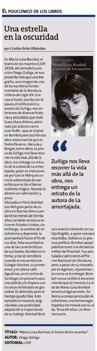 📚RESEÑA

Leí «María Luisa Bombal, el teatro de los muertos» de <a href="/ddzuniga/">diego zúñiga</a> , y esto escribí para <a href="/laestrellavalpo/">La Estrella de Valpo</a> 

Publica <a href="/EdicionesUdp/">Ediciones Udp</a> 

#Narrativa