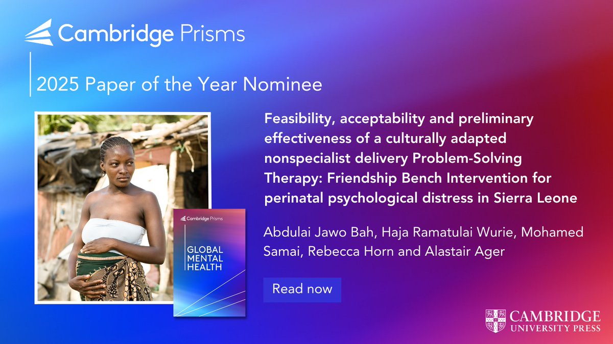 Cambridge Prisms (@cambridgeprisms) on Twitter photo #CPGlobalMentalHealth's 2025 Paper of the Year nominee is a study of a culturally adapted non-specialist therapy for perinatal distress in Sierra Leone by <a href="/AlastairAger/">Alastair Ager</a> & colleagues
Check it out here: bit.ly/41hpVsQ
#perinatal #mentalhealth #SierraLeone #tasksharing #CPGlobalMentalHealth's 2025 Paper of the Year nominee is a study of a culturally adapted non-specialist therapy for perinatal distress in Sierra Leone by <a href="/AlastairAger/">Alastair Ager</a> & colleagues
Check it out here: bit.ly/41hpVsQ
#perinatal #mentalhealth #SierraLeone #tasksharing