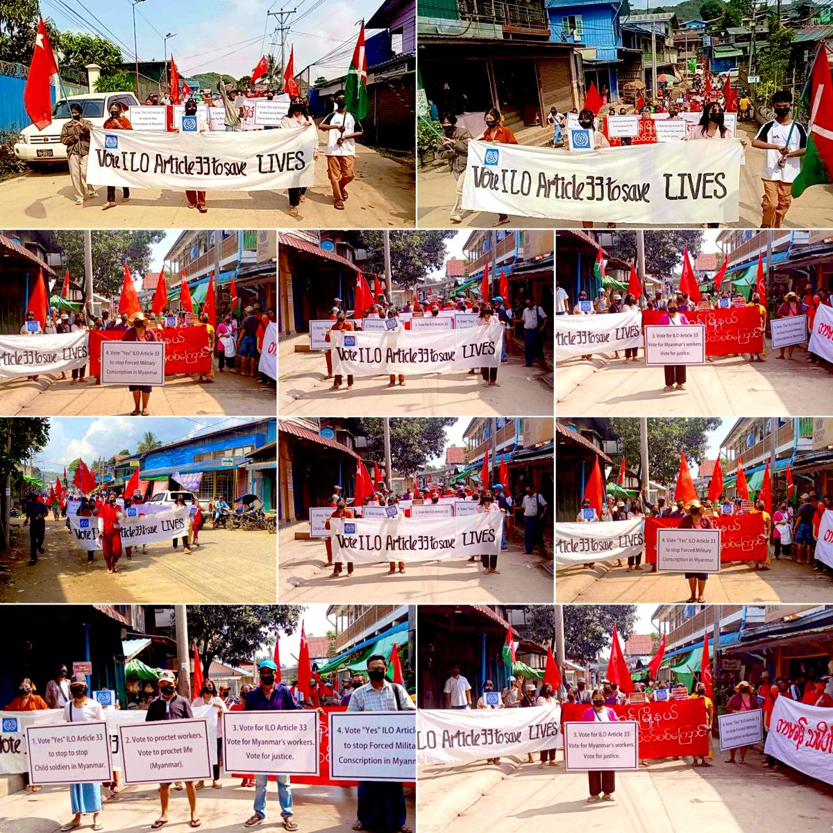 Nikki66000460's tweet photo. On May 19,Public Strike Movement was conducted by #Hpakant Strike, #Kachin State with holding the banners“Vote ILO Article 33 To Save Lives”for demanding International Community to take an action against military junta under ILO Article 33
#WhatsHappeningInMyanmar 
#2025May19Coup https://t.co/zNhb0kfPPO
