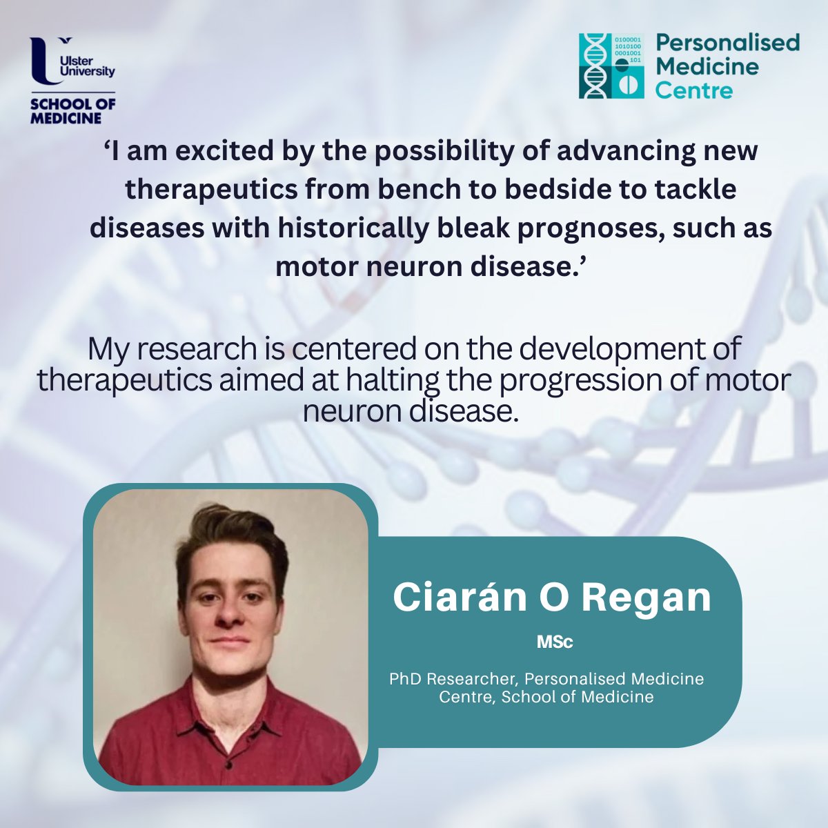 Personalised Medicine Centre (@personalmedni) on Twitter photo .<a href="/PersonalMedNI/">Personalised Medicine Centre</a> Introducing PhD Researcher Ciarán O Regan who works on the development of #Therapeutics for #MotorNeuronDisease #MND 🧠💪
You can keep up to date with Ciarán’s research here:
📢 pure.ulster.ac.uk/en/persons/cia… .<a href="/PersonalMedNI/">Personalised Medicine Centre</a> Introducing PhD Researcher Ciarán O Regan who works on the development of #Therapeutics for #MotorNeuronDisease #MND 🧠💪
You can keep up to date with Ciarán’s research here:
📢 pure.ulster.ac.uk/en/persons/cia…