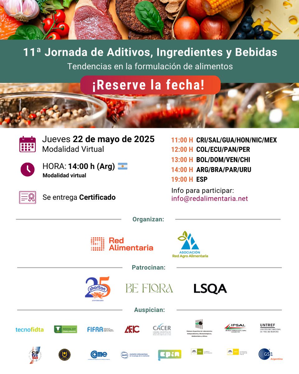 ¡Sumate a la 11ª Jornada de Aditivos, Ingredientes y Bebidas!
🗓Jue 22/5 - 14 h | 💻Modalidad: virtual
Novedades en formulación, normativas y tecnología en alimentos y bebidas.
👉🏼forms.gle/Lk5pdpitv8qcN9…