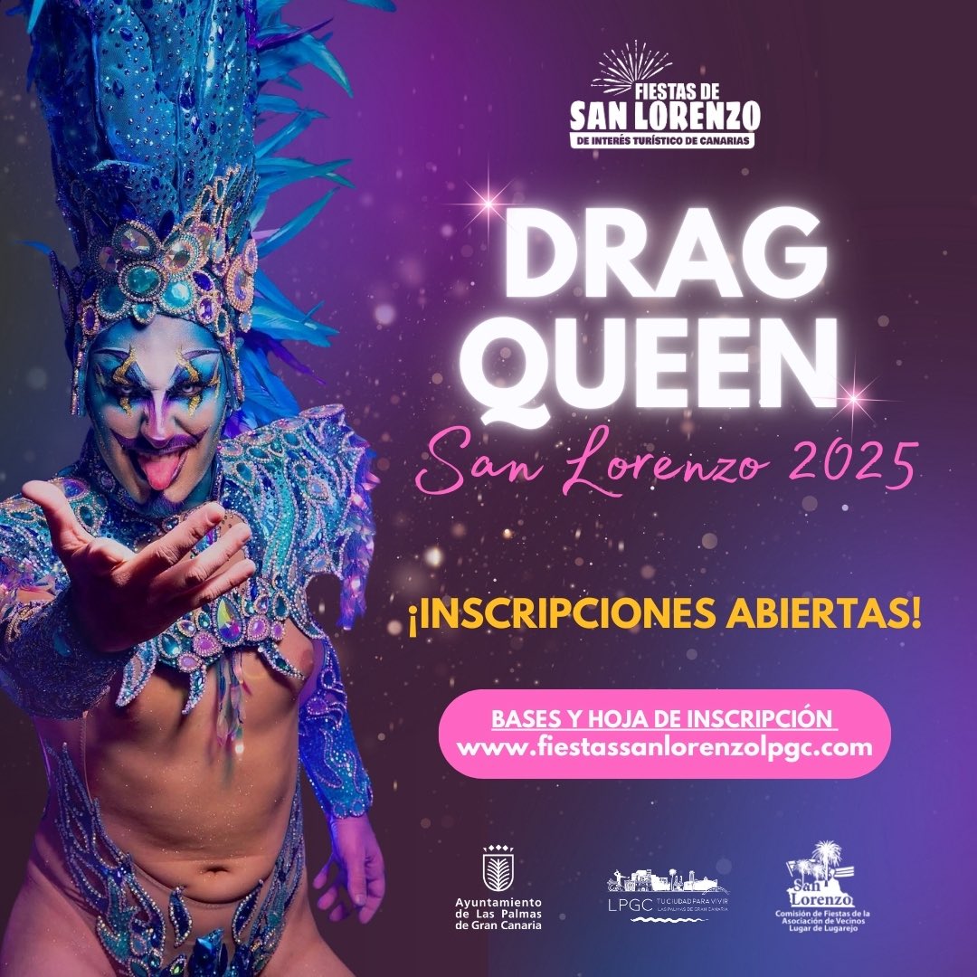 📣✨ ¡Inscripciones abiertas! 🌟👑

Gala Drag Queen de San Lorenzo 2025🎉🪩💄

🗓️ Hasta el 21 de junio.
📄 Bases y formulario: fiestassanlorenzolpgc.com/wp-content/upl…

#SanLorenzo2025 #FiestasdelaCiudadLPGC #orgullolaurentino #LasPalmasdeGranCanaria #LPAVisit