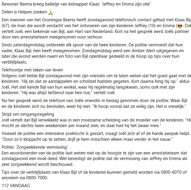Ontvoering van Jeffrey en Emma: Politie waarschuwde dag ervoor bij Klaas Bijl aan de deur