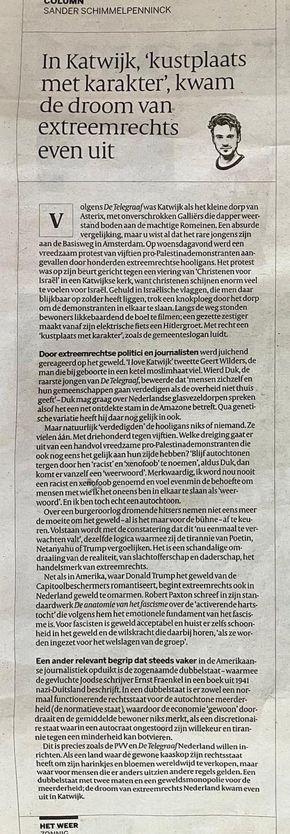 Sander Schimmelpenninck schreef vandaag een bovengemiddeld scherpe column over het geweld van de Katwijkse hooligans en de huiveringwekkende normalisering van geweld in het (extreem)rechtse denken.
#katwijk #DeTelegraaf #dubbelstaat #xenofobie