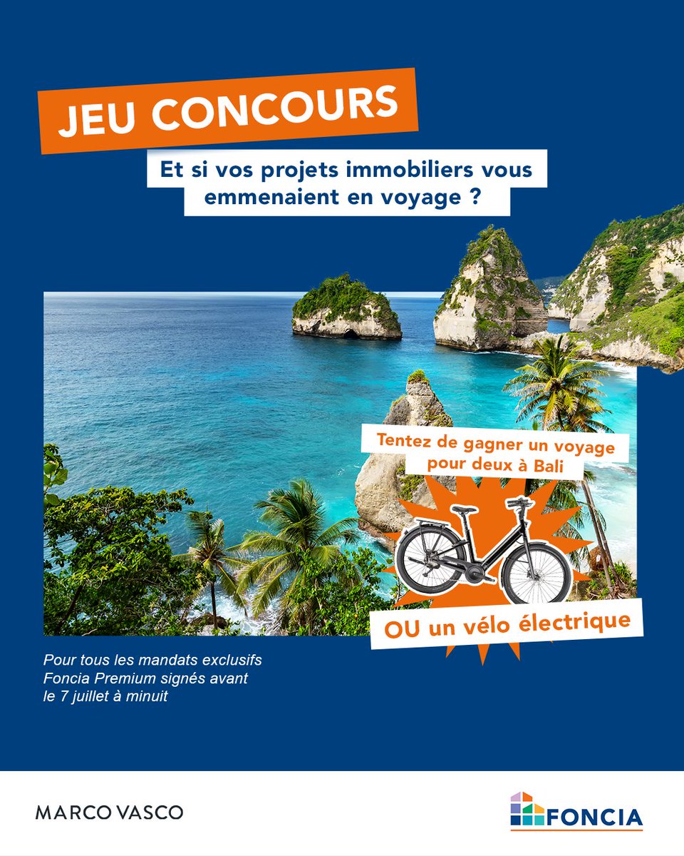 Gagnez un voyage à Bali ou un vélo électrique avec <a href="/foncia/">FONCIA</a> &amp; <a href="/MARCOVASCO/">MARCO VASCO</a> !
🏝️  1 séjour de 10j à Bali
🚲​ 2 vélos électriques
Du 19/05 au 08/06
👉 Formulaire : bit.ly/3EZjLFF 
Tirage le 08/07. Bonne chance 🍀