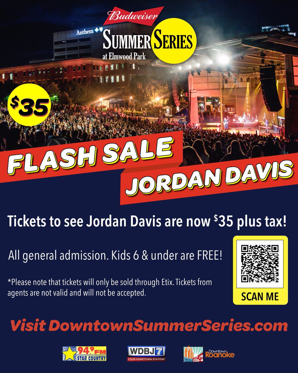 ⚡️🚨FLASH SALE ⚡️🚨
 Tickets to see Jordan Davis at the Budweiser Summer Series are on SALE for just $35 before tax!!! (Total after tax is $36.93 for one ticket). The flash sale lasts until 6pm tomorrow (Thursday), so grab your tickets now.

BUY NOW:
etix.com/ticket/p/57572…
