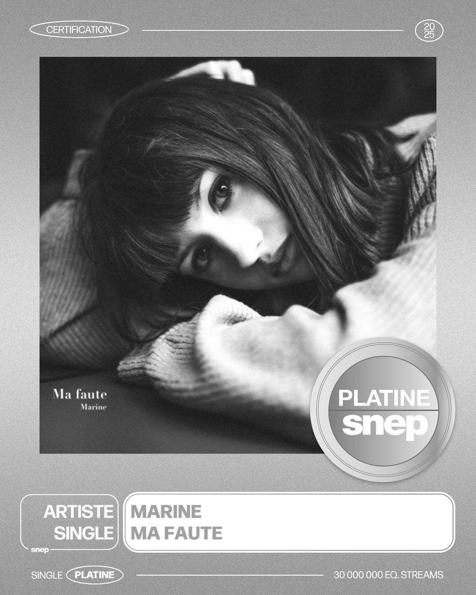 Le titre « Ma faute » de Marine est certifié Single Platine ! 💿

30 000 000 équivalents streams 🎧

Bravo ! 👏