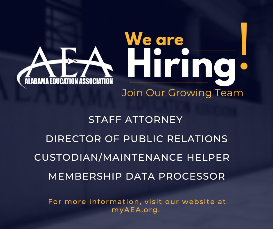 myAEA's tweet image. Passionate about education advocacy in Alabama? AEA is hiring! Explore current opportunities and apply today at myaea.org/aea-job-postin…. #TeamAEA
