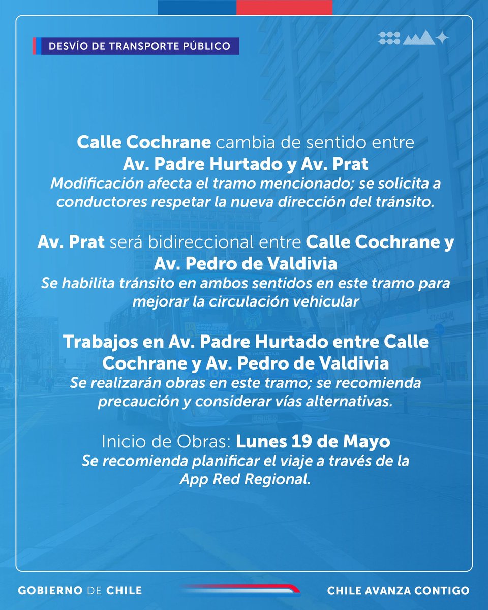 ⚠️ IMPORTANTE: A partir de hoy lunes 19 de mayo parten desvíos de tránsito en Concepción, en el marco de los trabajos de conexión de la última cepa del Viaducto Chacabuco, que conectará con Puente Bicentenario.
✅Intervención desde el lunes 19 de mayo al miércoles 4 de junio.