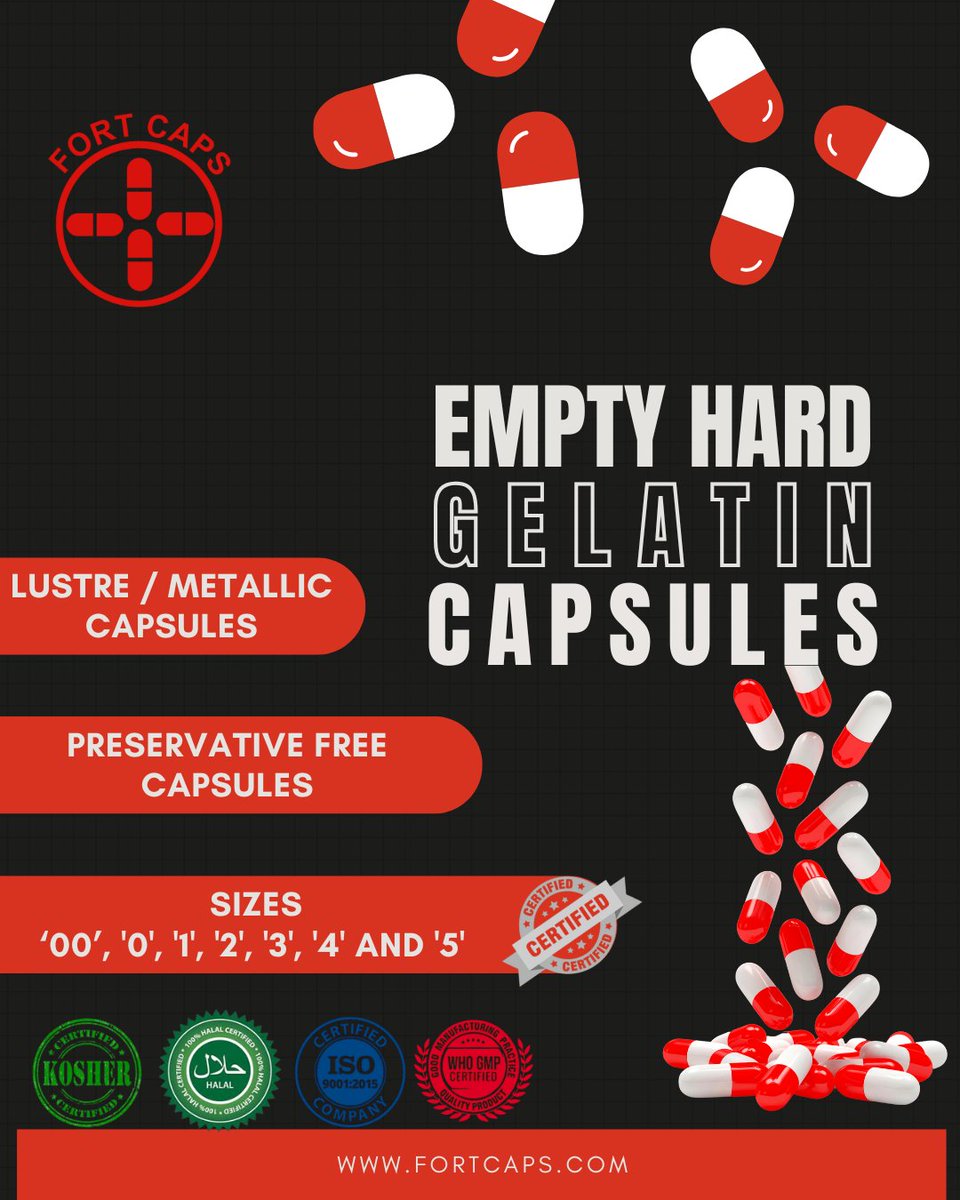 💊 Looking for high-quality empty hard gelatin capsules? 
Sizes ‘00’–‘5’ 
ISO 9001 &amp; WHO GMP 
Metallic &amp; preservative-free options Trusted by pharma &amp; nutra brands worldwide. 
fortcaps.com  #EmptyCapsules