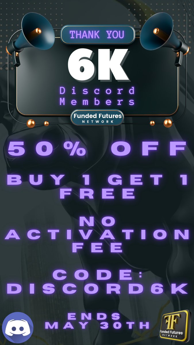 🚨 50% OFF + BOGO + NO Activation Fees! + Giveaway
Sale link👇 
tinyurl.com/bdcfwc6h
Ends May 30 @ 11:59 PM ET
  -Buy ANY eval account at 50% OFF
  -Use code: Discord6K
  -Email your receipt to support@fundedfuturesnetwork.com
  -Get your FREE account code within 24 hrs

👇