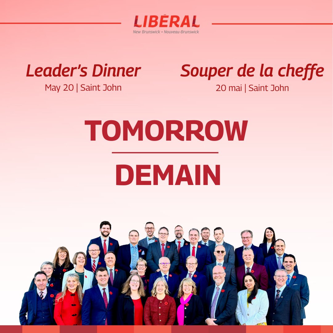 ✨It’s almost here! The 2025 Leader’s dinner is TOMORROW! 🤩
Get ready for an unforgettable night with Premier Susan Holt and the amazing Liberal team in Saint John. Inspiring conversations, meaningful connections, and a celebration of everything we love about New Brunswick — all