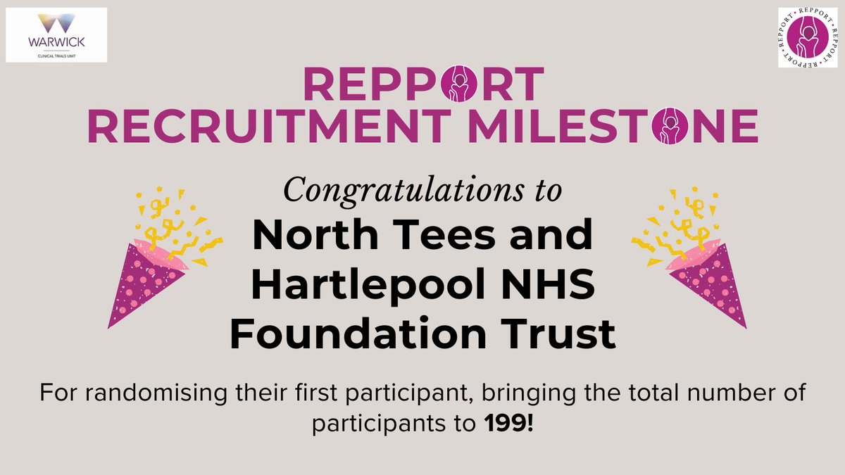 REPPORT (@repporttrial) on Twitter photo Kudos to the team at <a href="/NTeesHpoolNHSFT/">North Tees and Hartlepool NHS Foundation Trust</a> who have randomised their first participant to REPPORT!🎉
The study now has 199 participants and counting...
<a href="/WarwickCTU/">Warwick CTU</a> <a href="/AndyMetOrtho/">Andy Metcalfe</a> <a href="/TobyOSmith/">Toby Smith</a> Kudos to the team at <a href="/NTeesHpoolNHSFT/">North Tees and Hartlepool NHS Foundation Trust</a> who have randomised their first participant to REPPORT!🎉
The study now has 199 participants and counting...
<a href="/WarwickCTU/">Warwick CTU</a> <a href="/AndyMetOrtho/">Andy Metcalfe</a> <a href="/TobyOSmith/">Toby Smith</a>