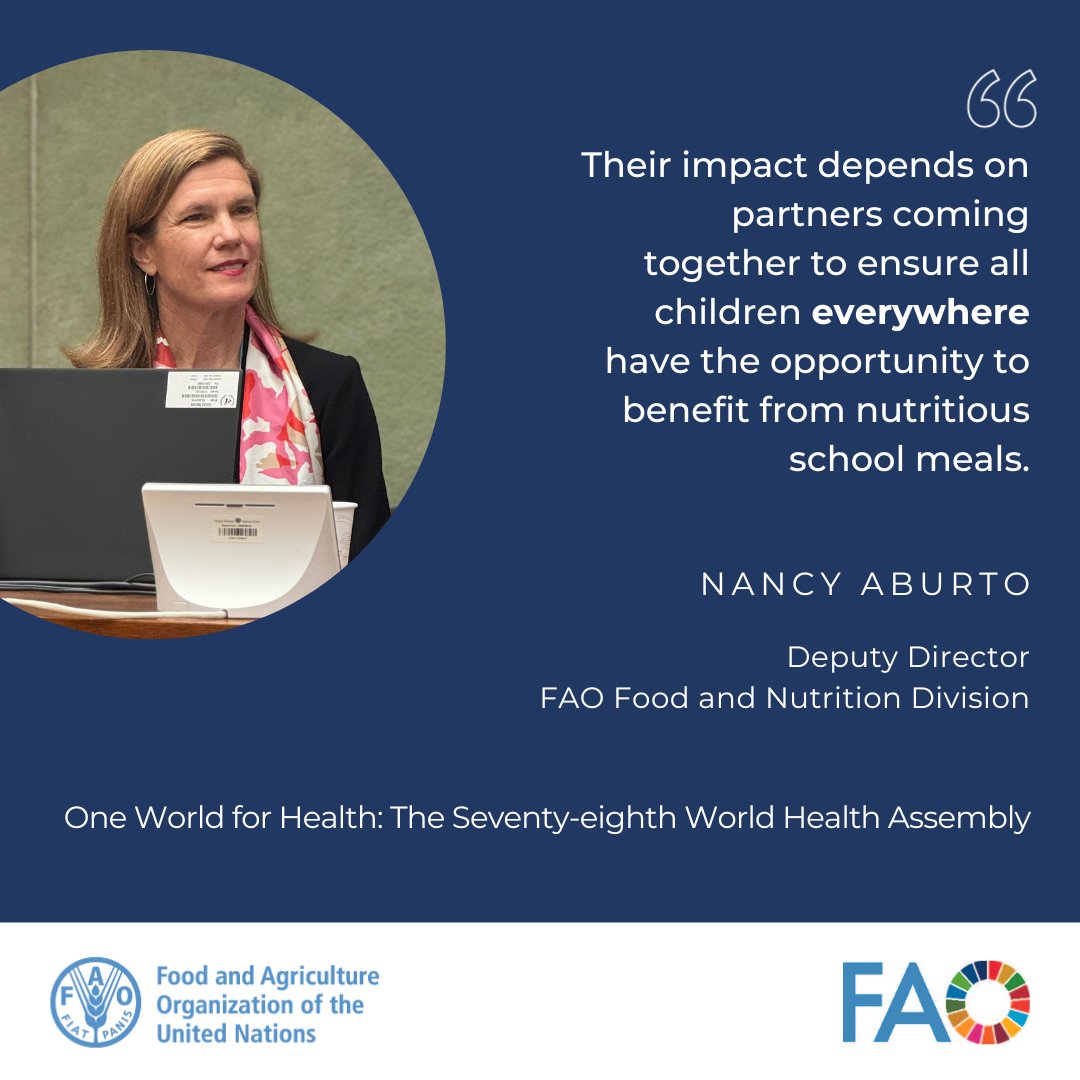 FAOGeneva (@faogeneva) on Twitter photo School meals must be child-centered, inclusive, feasible, actionable & policy-aligned.
At #WHA78, <a href="/nancyjaburto/">nancy aburto</a> shared how <a href="/FAO/">Food and Agriculture Organization</a> supports countries to design effective school nutrition guidelines & FAO's new evidence-based methodology can help turn these principles into standards. School meals must be child-centered, inclusive, feasible, actionable & policy-aligned.
At #WHA78, <a href="/nancyjaburto/">nancy aburto</a> shared how <a href="/FAO/">Food and Agriculture Organization</a> supports countries to design effective school nutrition guidelines & FAO's new evidence-based methodology can help turn these principles into standards.