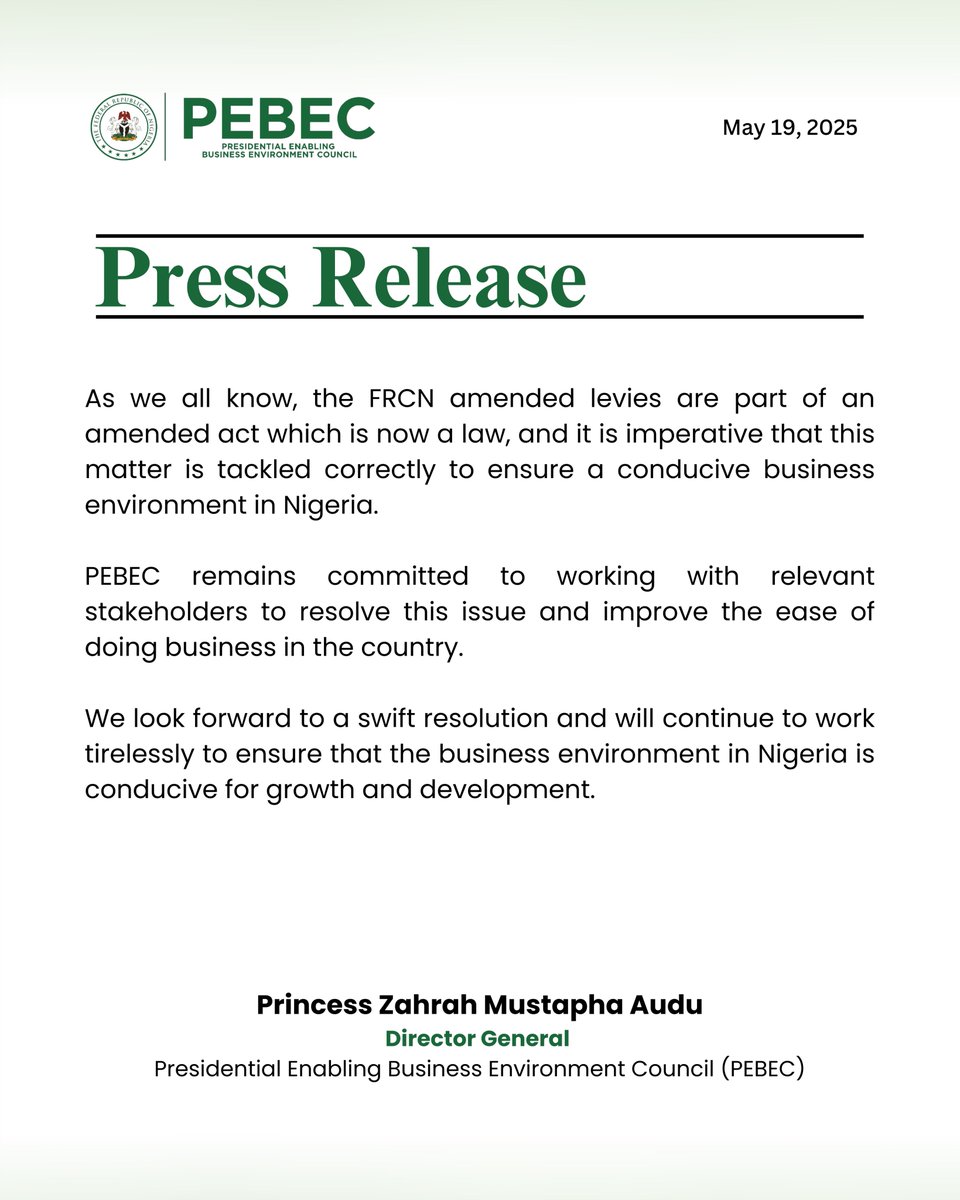 PEBECgovng's tweet photo. PRESS RELEASE!
Financial Reporting Council of Nigeria (FRCN) Amended Levies Matter Escalated to Office of the Vice President and House of Representatives for Swift Resolution.
@frcnigeria
#PEBECWorks #EaseOfDoingBusiness #BusinessReforms https://t.co/xT3fafSAFD